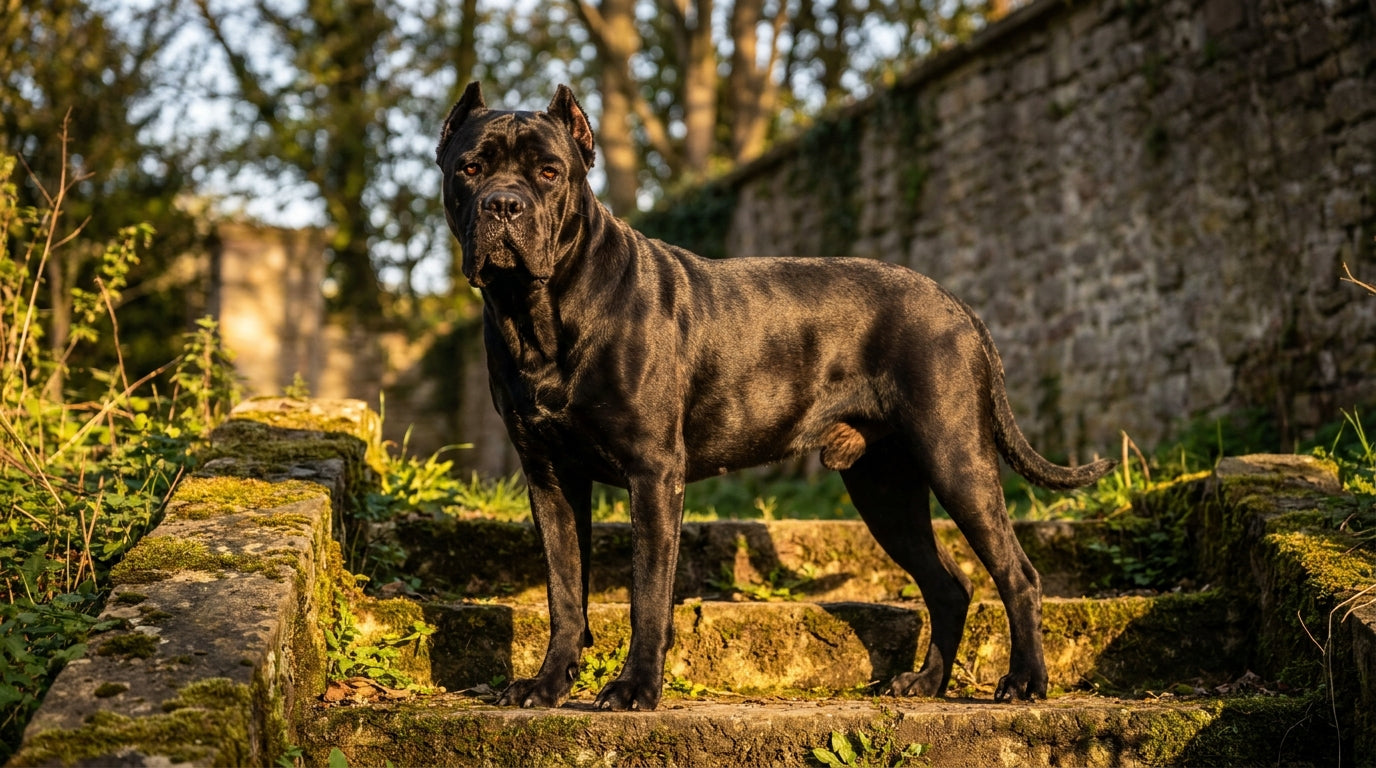 Black Cane Corso standing — Cane Corso vs Great Dane breed comparison