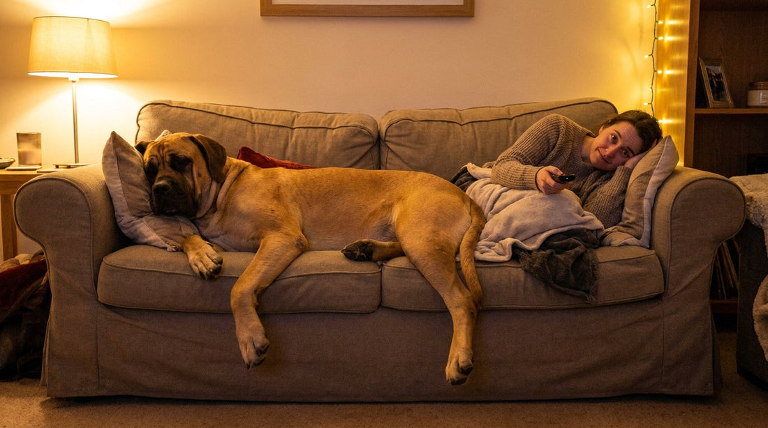 Giant dog sprawled on the sofa