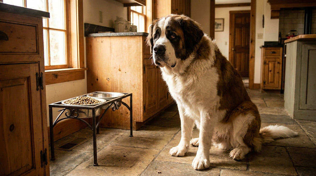 Giant breed dog eating from floor bowl — raised bowl bloat risk