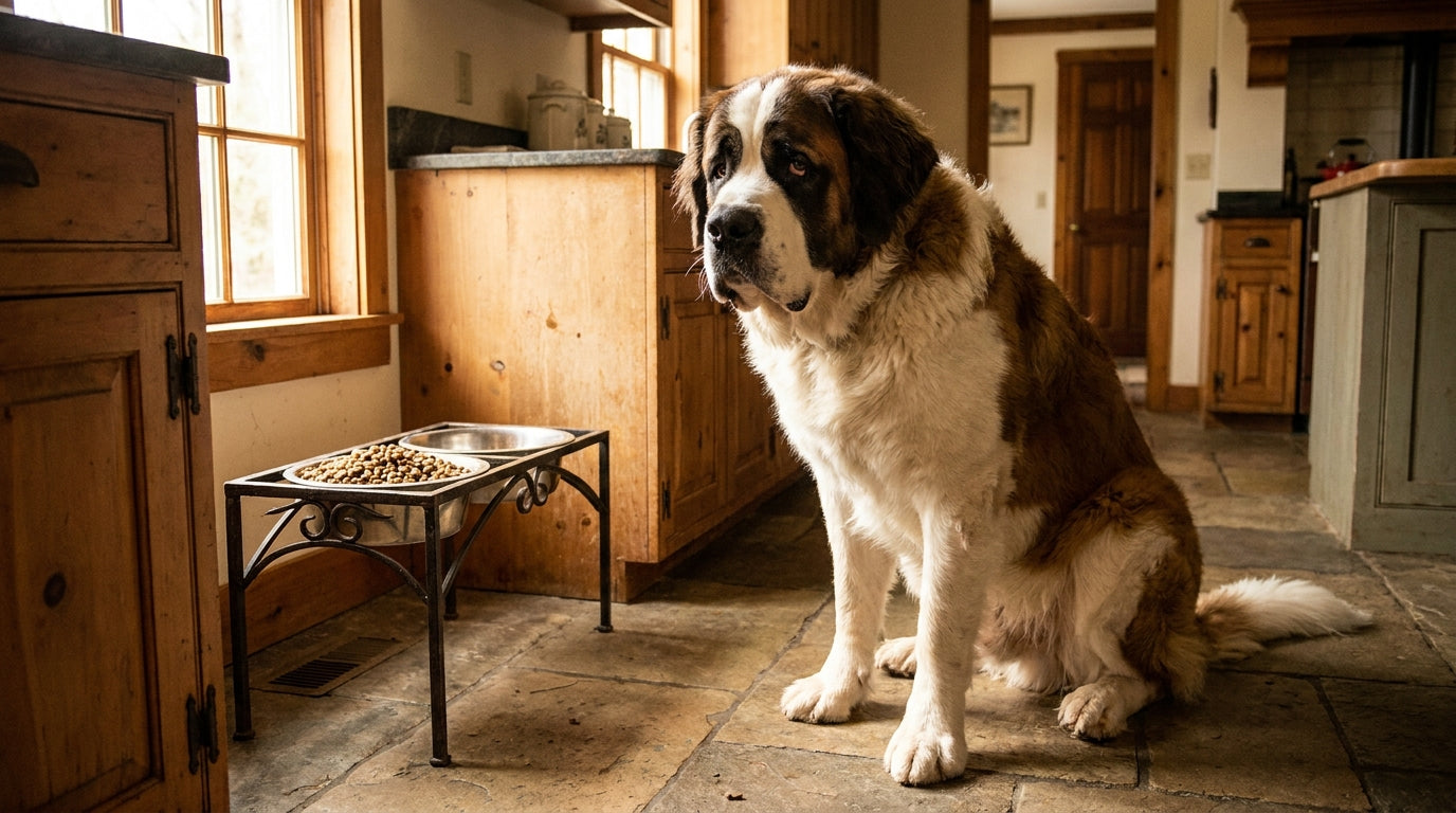 Giant breed dog eating from floor bowl — raised bowl bloat risk
