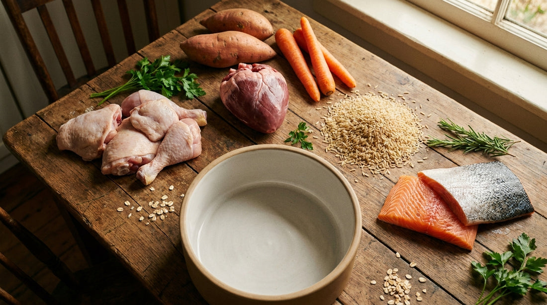 Homemade dog food recipes for giant breeds — bowls with fresh ingredients