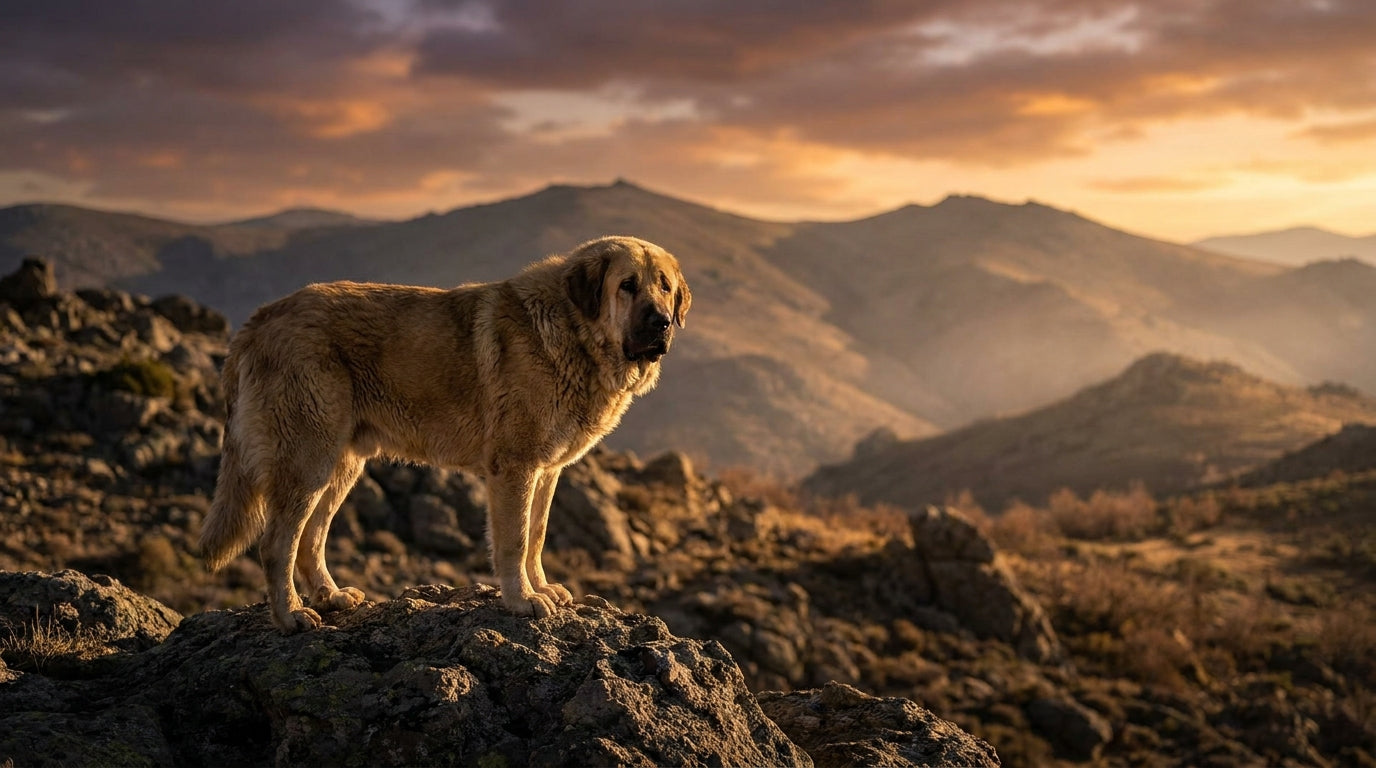 Mastiff standing in mountain landscape