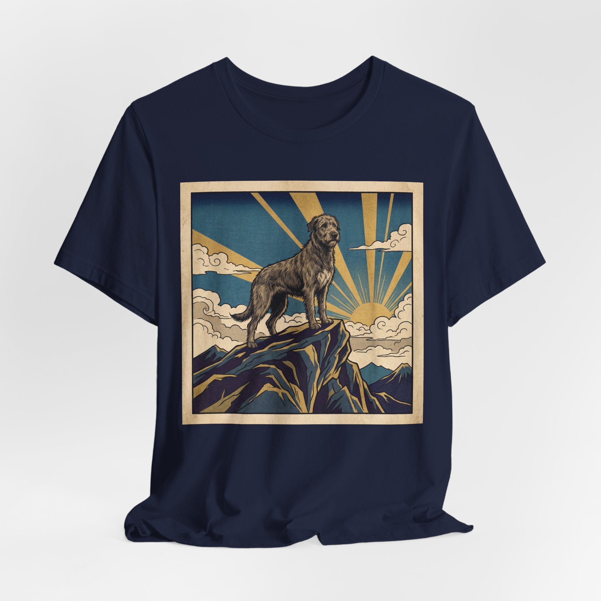 Woodblock Print Irish Wolfhound T-Shirt — Golden Sunburst Summit Art Print