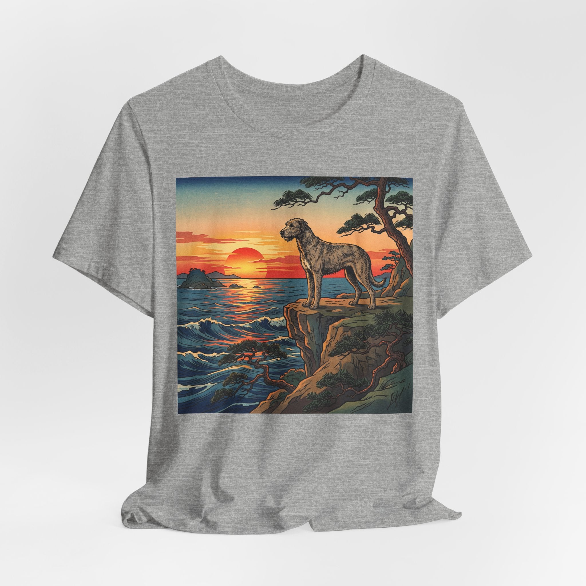 Hiroshige Style Irish Wolfhound T-Shirt — Coastal Cliff Sunset Art Print
