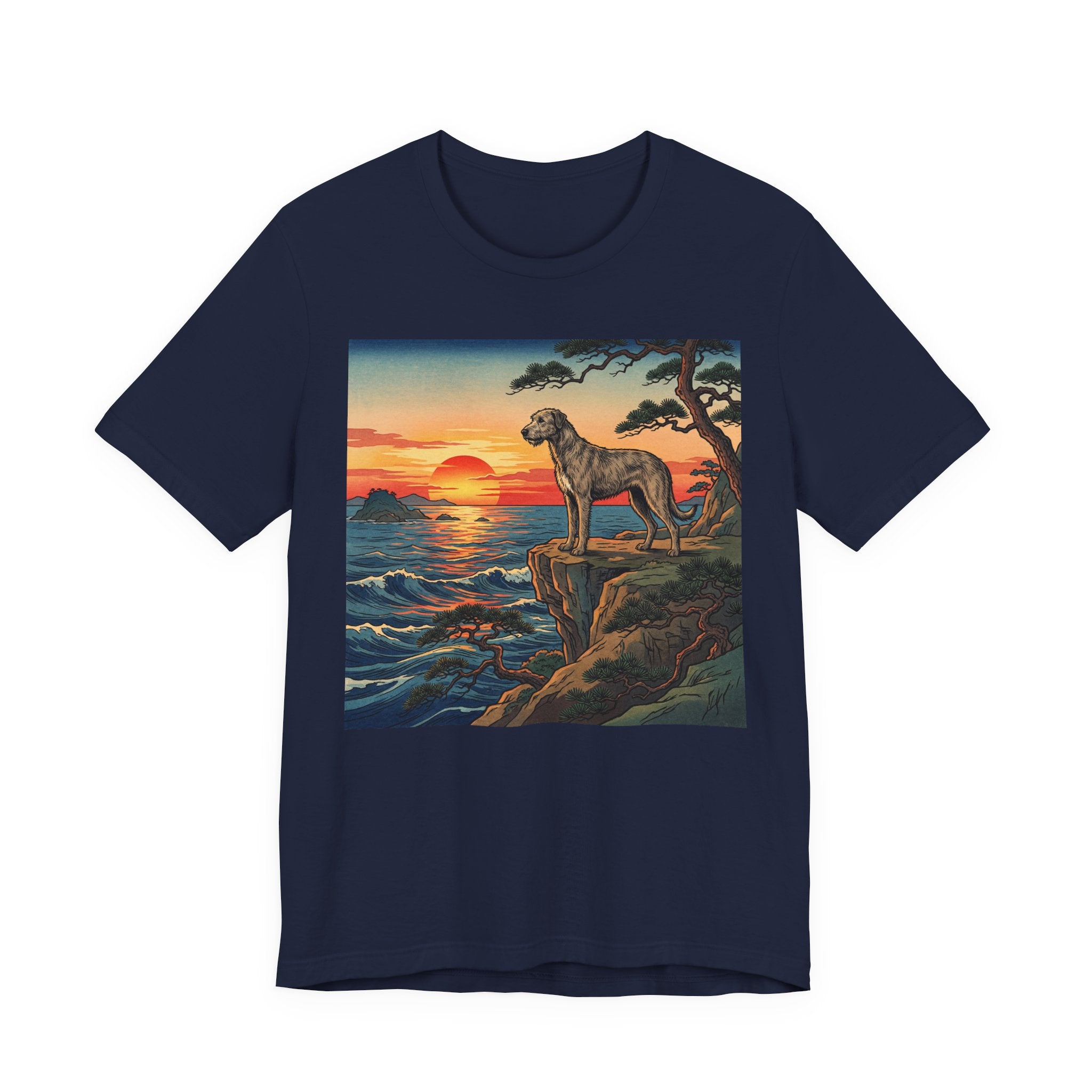 Hiroshige Style Irish Wolfhound T-Shirt — Coastal Cliff Sunset Art Print