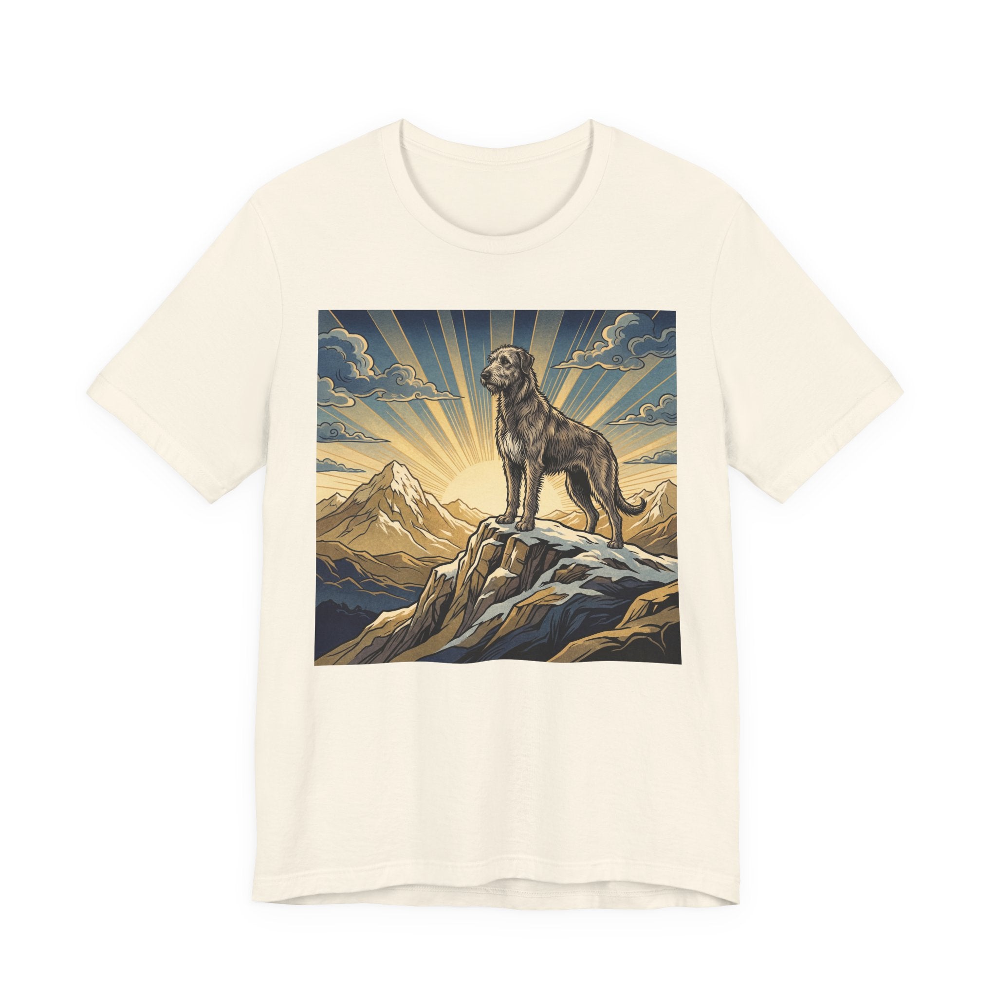 Woodcut Irish Wolfhound T-Shirt — Mountain Sunrise Rays Art Print