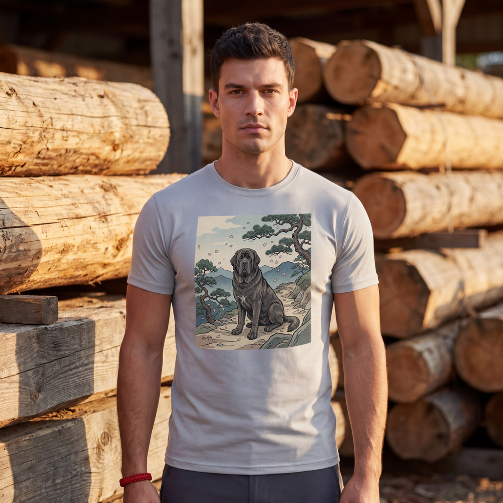 Hiroshige Style Mastiff T-Shirt — Cherry Blossom Mountain Art Print