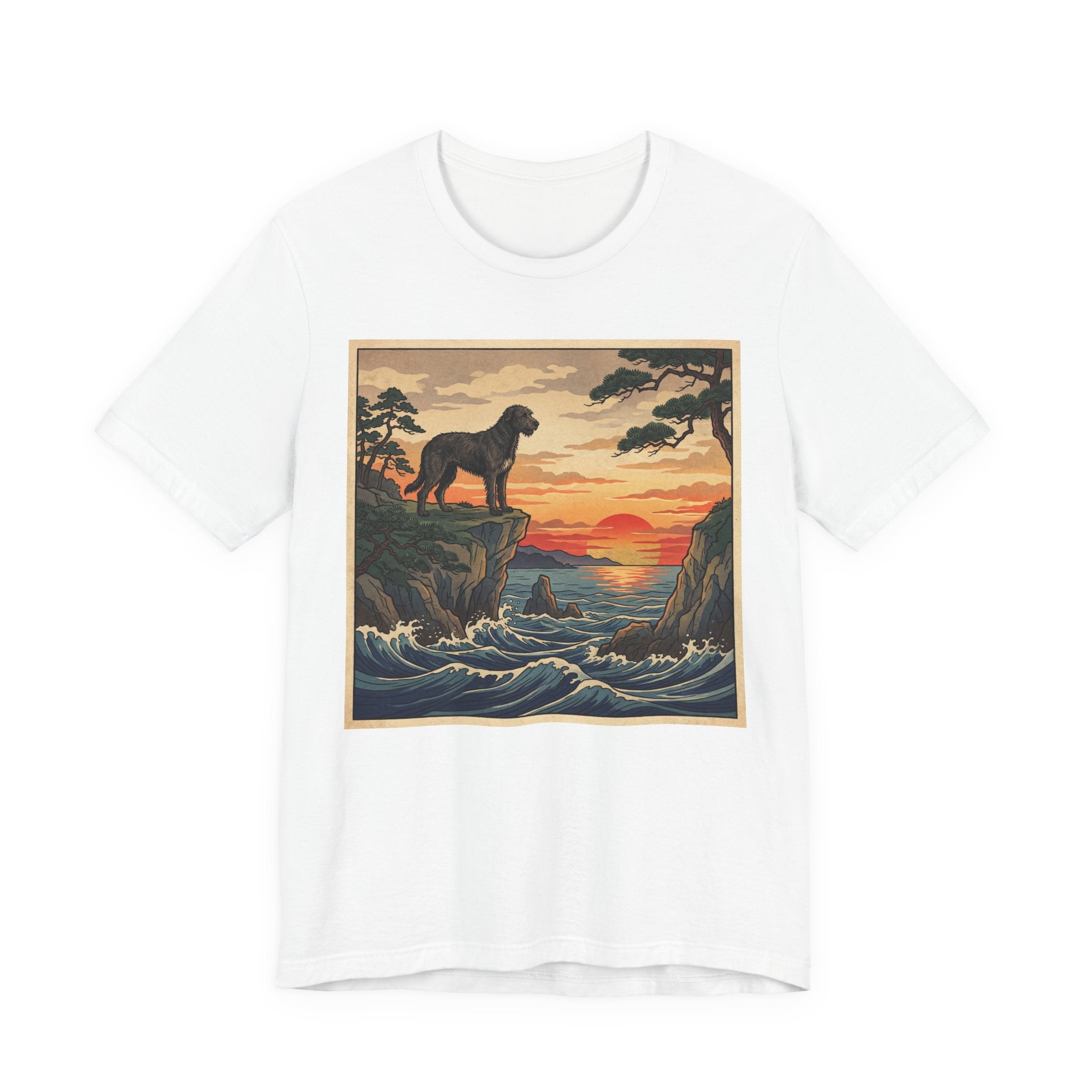 Ukiyo-e Irish Wolfhound T-Shirt — Coastal Sunset Cliffs Art Print