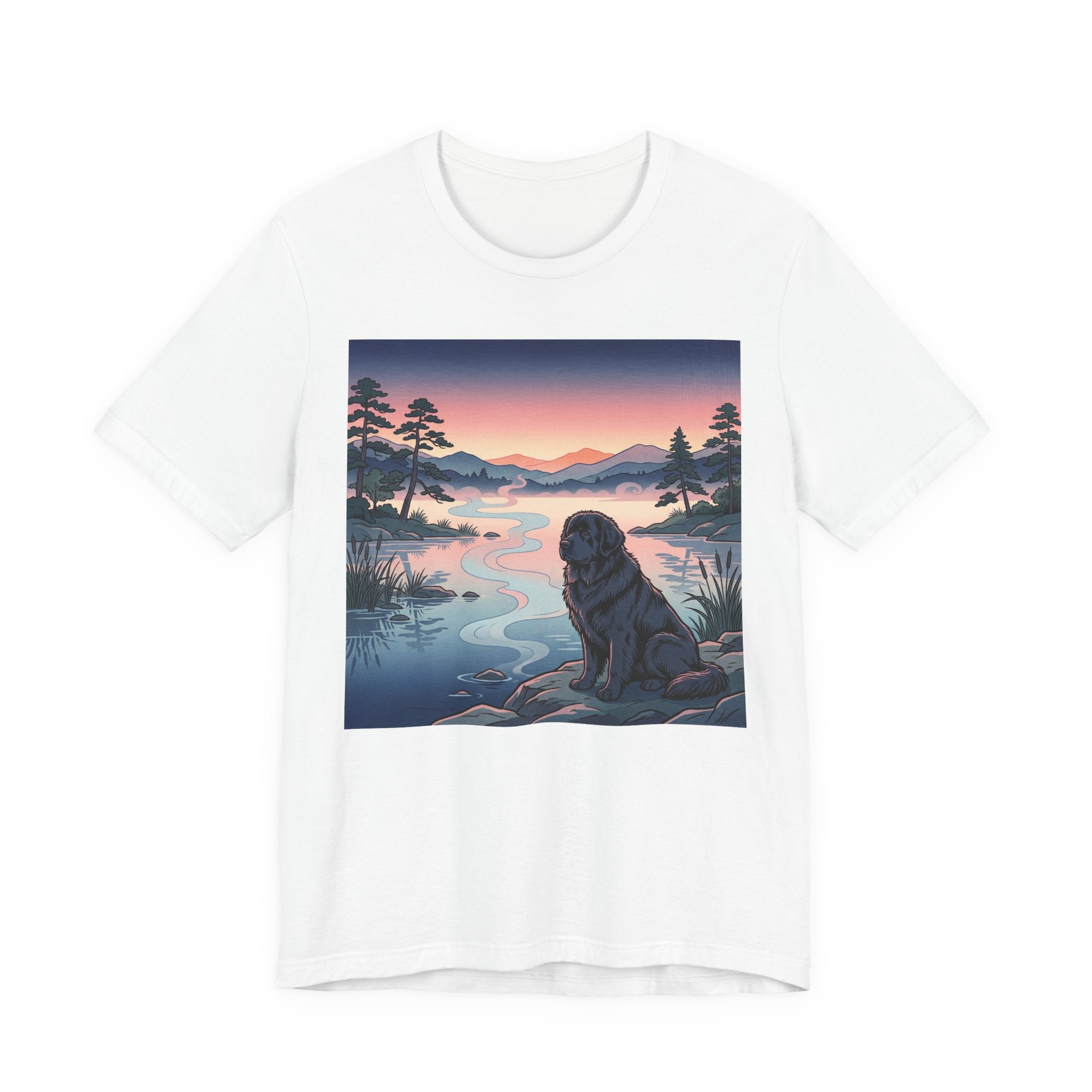 Hiroshige Style Newfoundland T-Shirt — Twilight Lake Mist Art Print