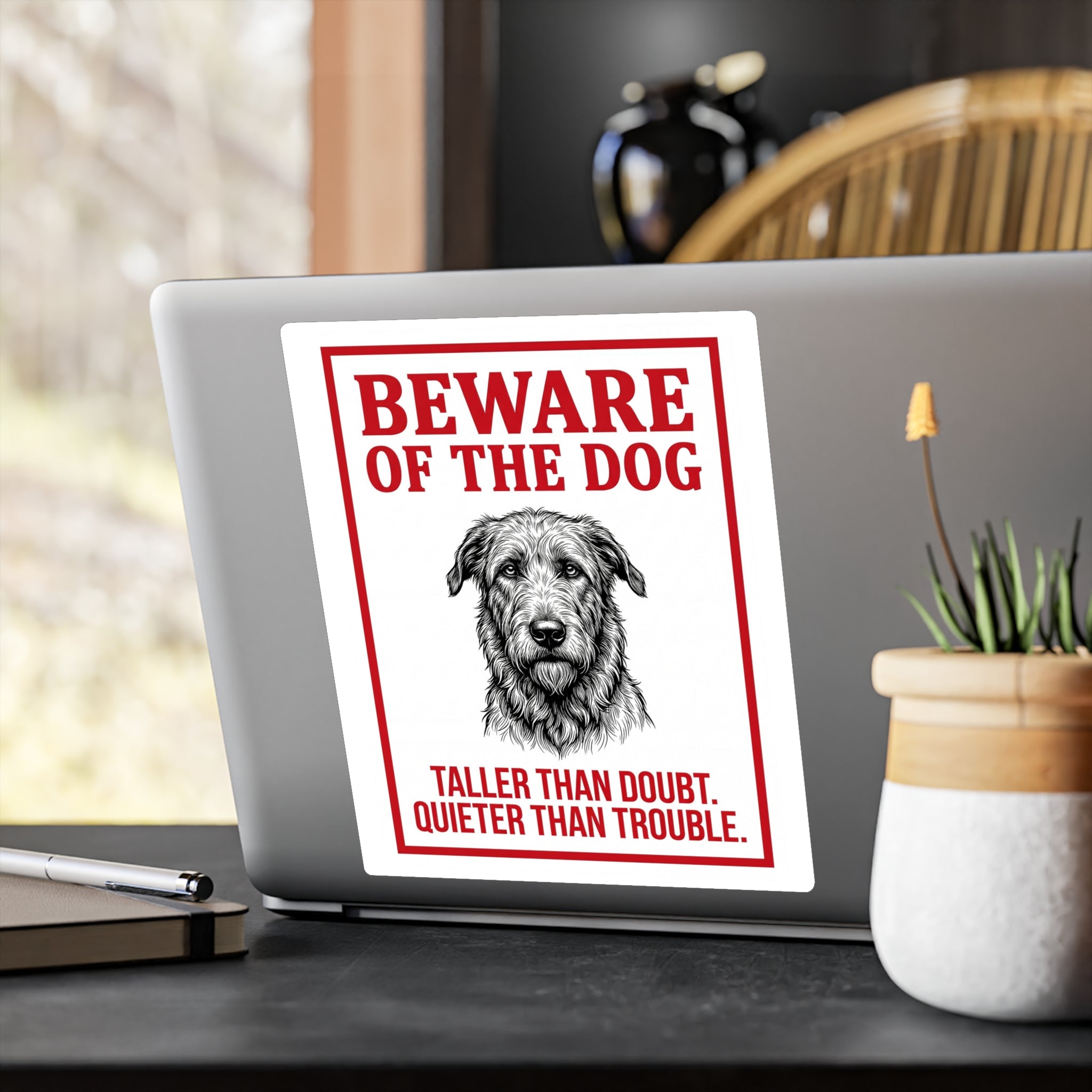 Beware of Irish Wolfhound Sign – Red Block Letter Outdoor Vinyl Decal – alternate view