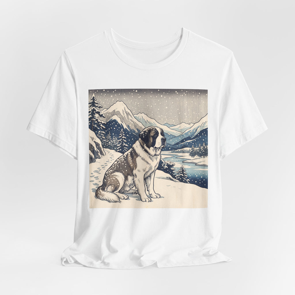 Hiroshige Style Saint Bernard T-Shirt — Snowy Mountain Blue Art Print