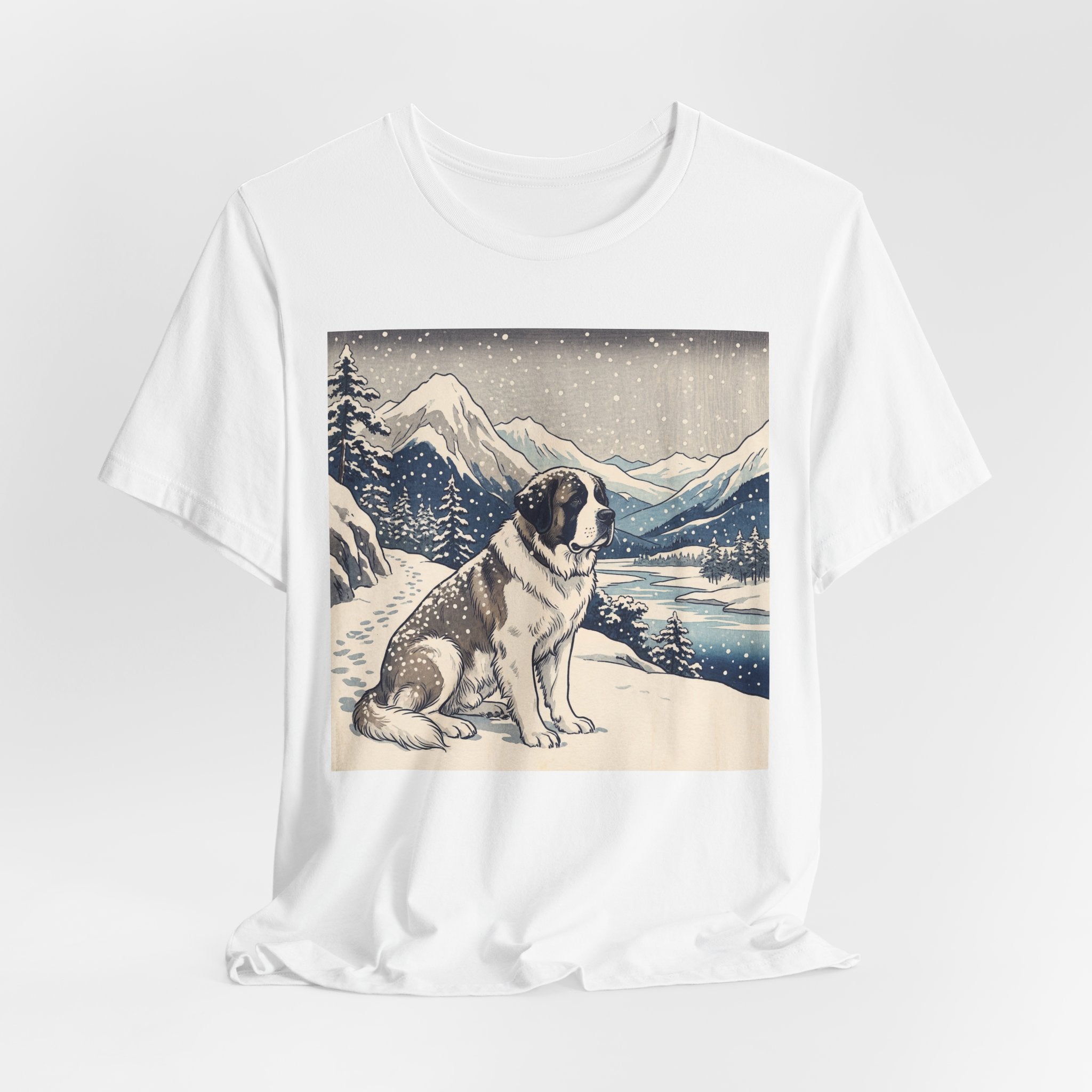 Hiroshige Style Saint Bernard T-Shirt — Snowy Mountain Blue Art Print