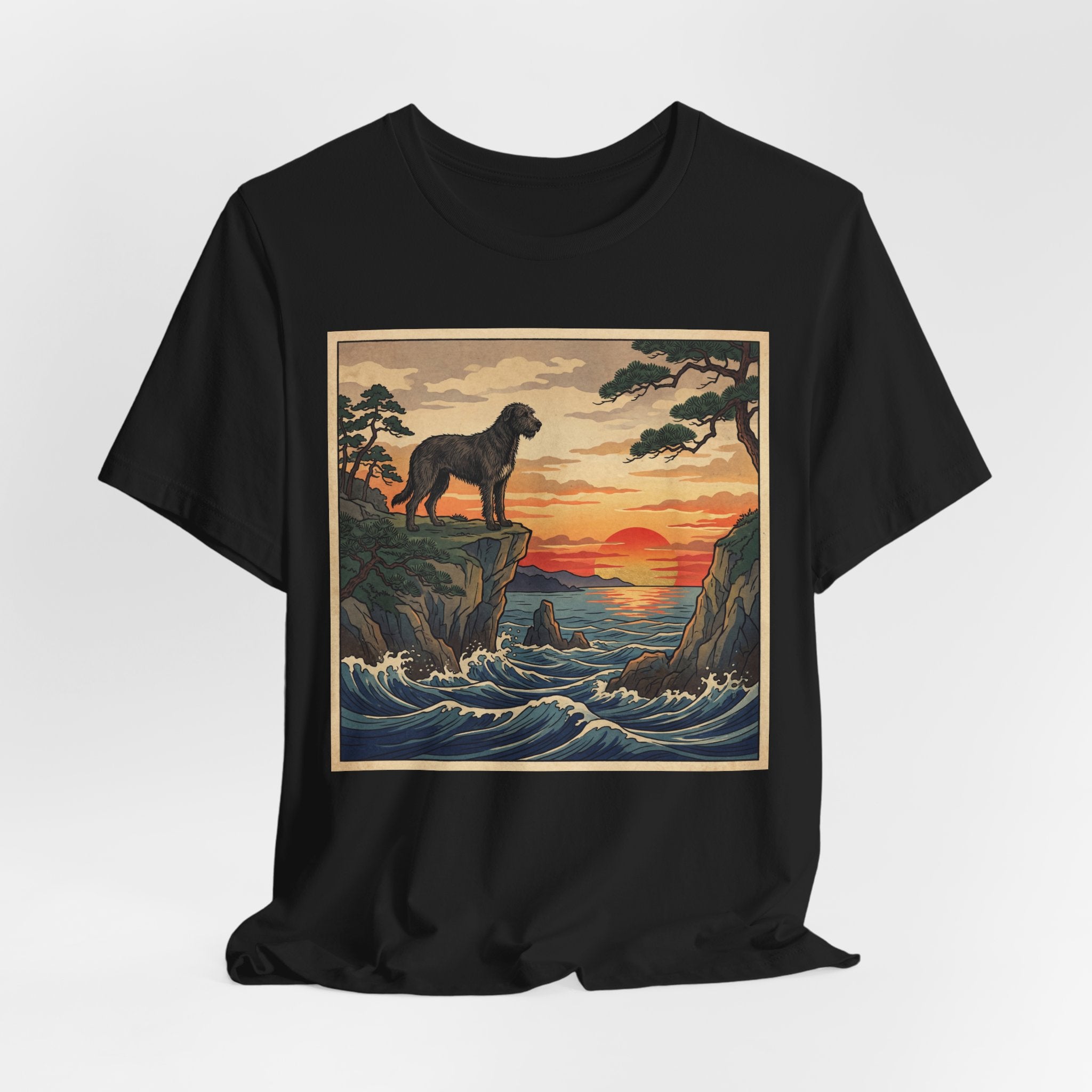Ukiyo-e Irish Wolfhound T-Shirt — Coastal Sunset Cliffs Art Print