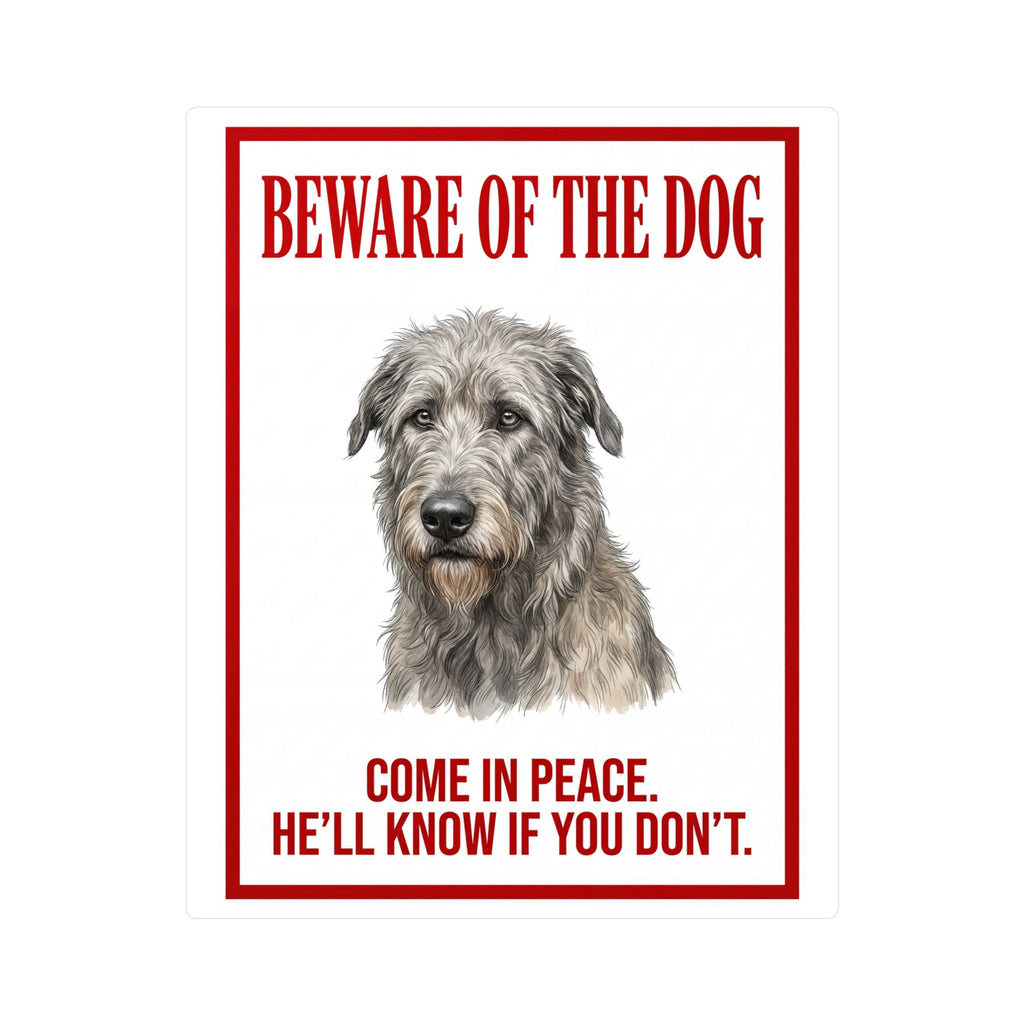 Beware of Irish Wolfhound Sign – Red Border Portrait Outdoor Vinyl Decal – side view