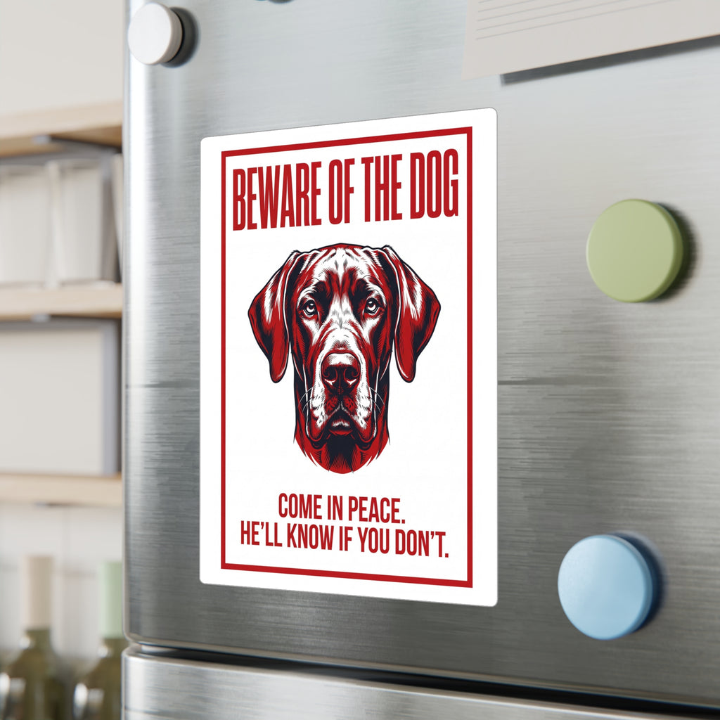 Beware of Great Dane Sign – Red & Black Portrait Outdoor Vinyl Decal – lifestyle view