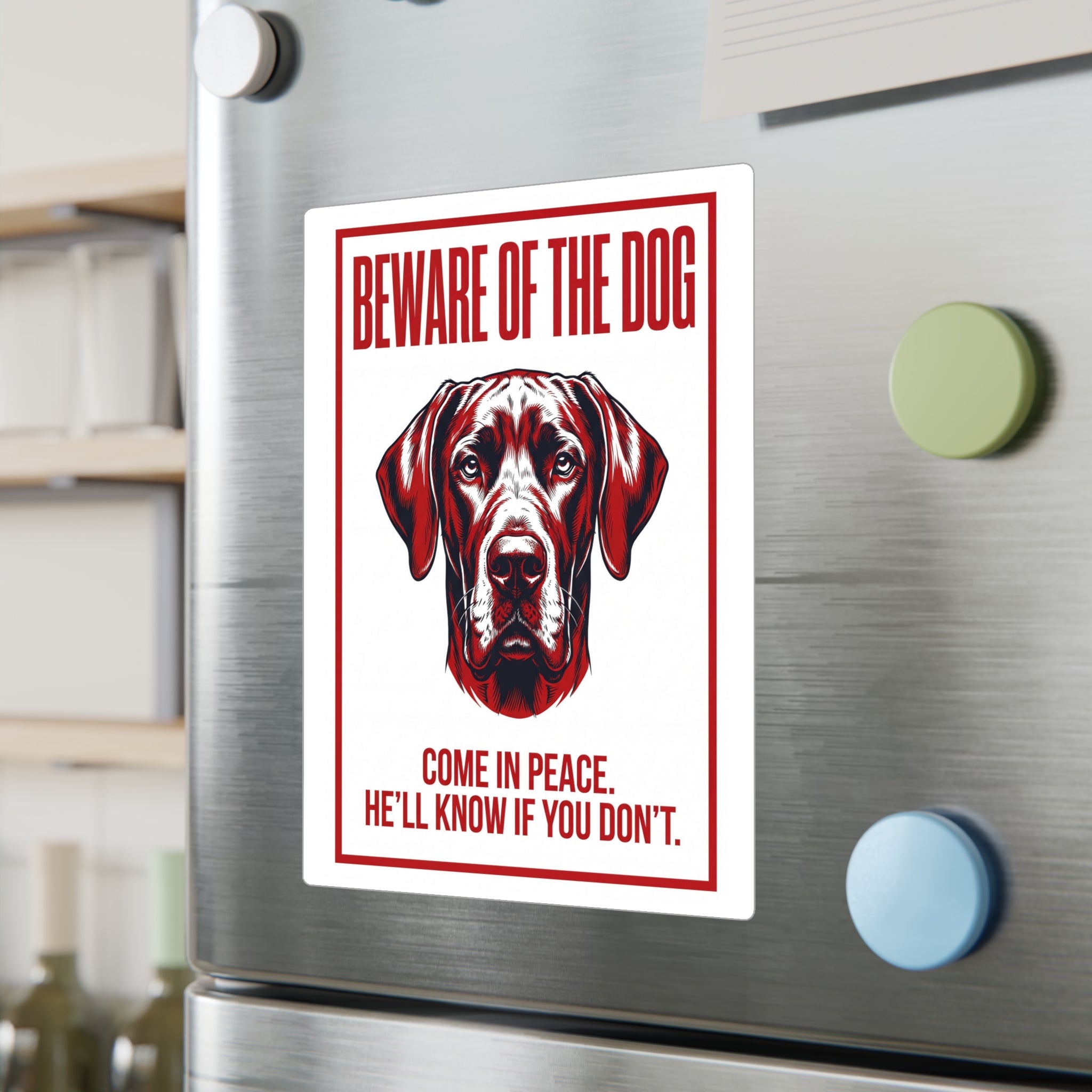Beware of Great Dane Sign – Red & Black Portrait Outdoor Vinyl Decal – lifestyle view