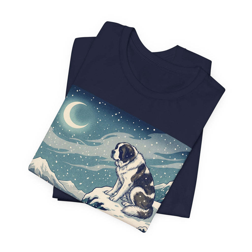 Hiroshige Style Saint Bernard T-Shirt — Snowy Moonlit Summit Art Print
