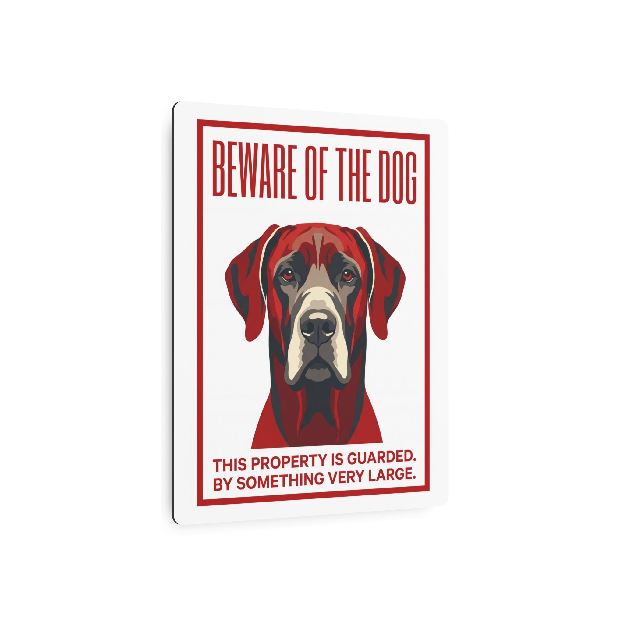 Beware of Great Dane Metal Sign – Red Portrait Aluminum Wall Sign – lifestyle view
