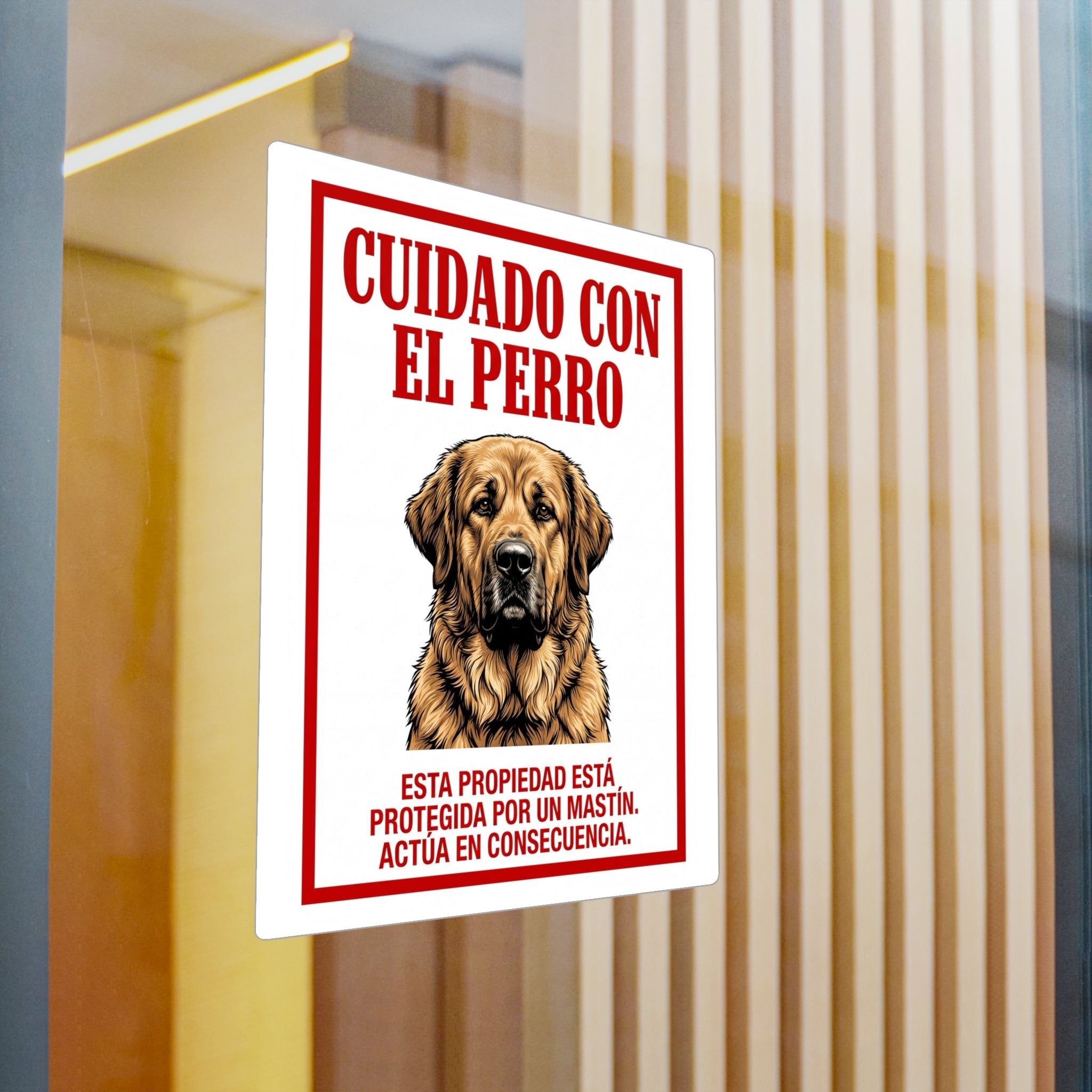 Beware of Spanish Mastiff Sign – Red Border Warning Outdoor Vinyl Decal – detail view
