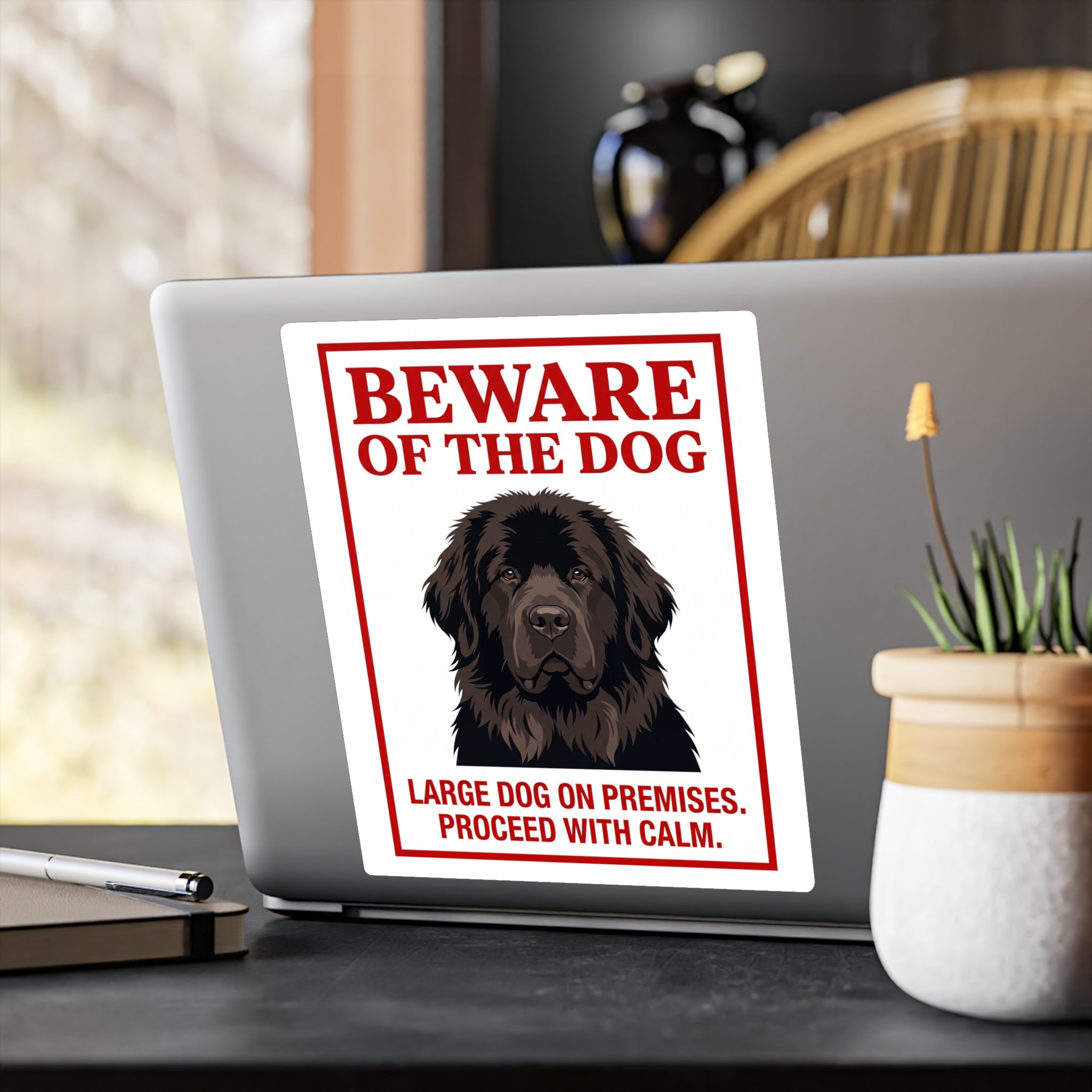 Beware of Newfoundland Sign – Dark Portrait Red Border Outdoor Vinyl Decal – alternate view