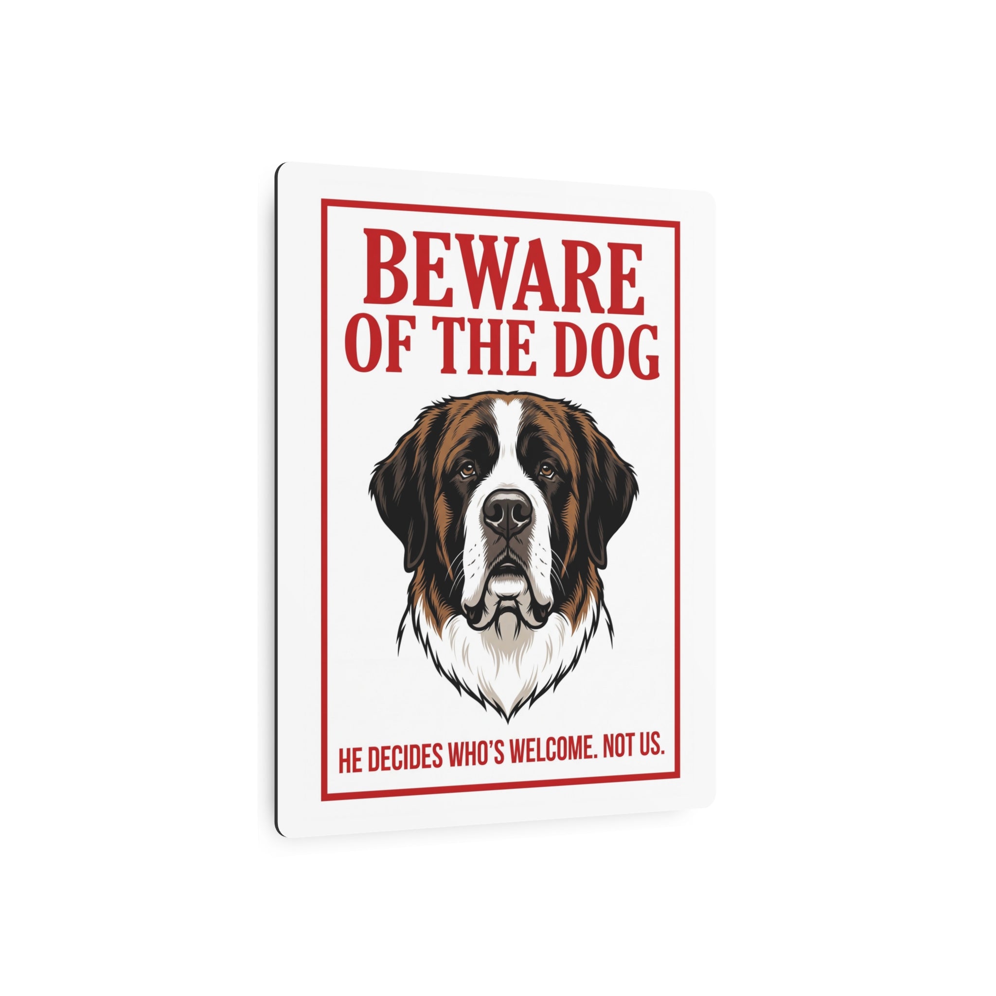 Beware of Saint Bernard Metal Sign – Bold Portrait Aluminum Wall Sign – lifestyle view