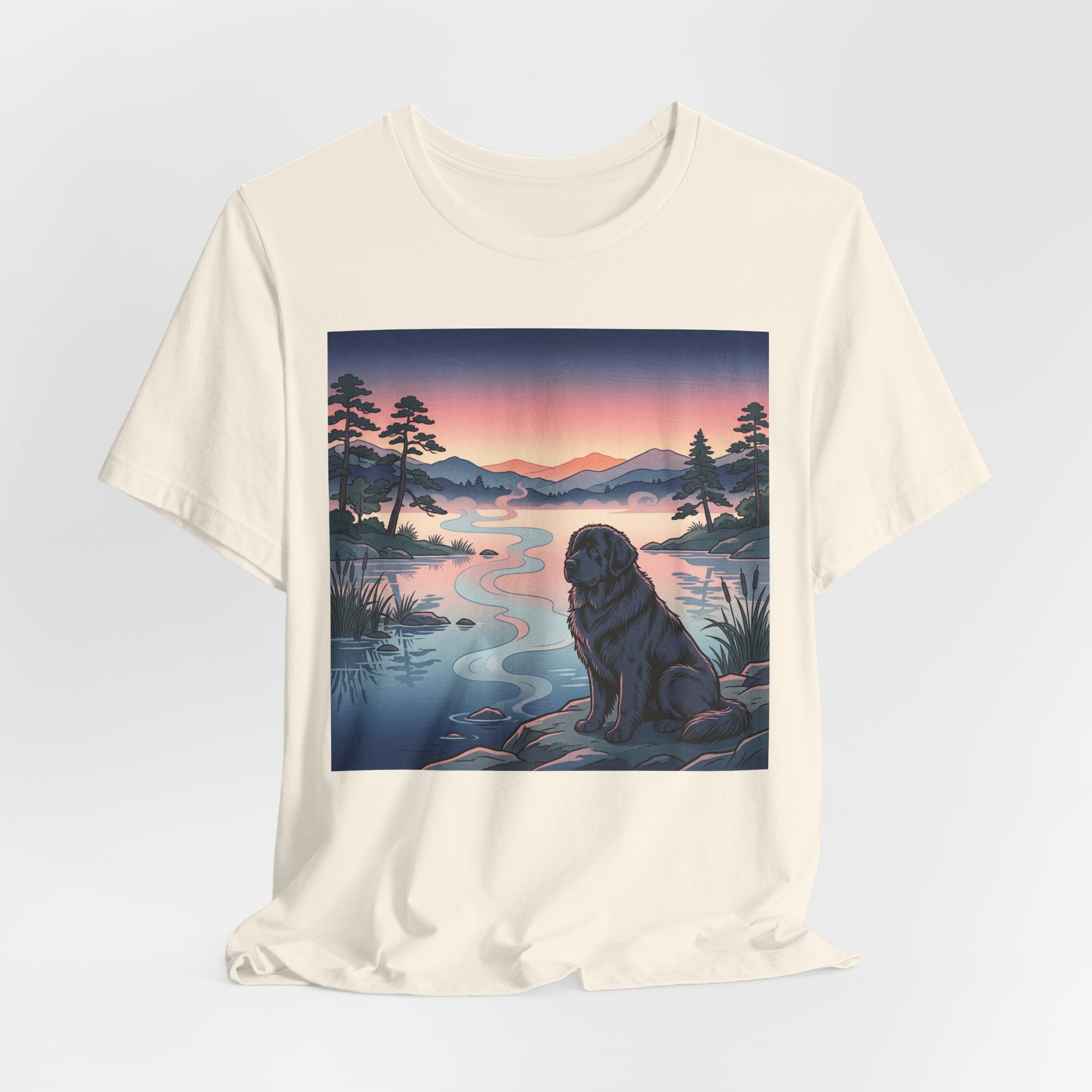 Hiroshige Style Newfoundland T-Shirt — Twilight Lake Mist Art Print
