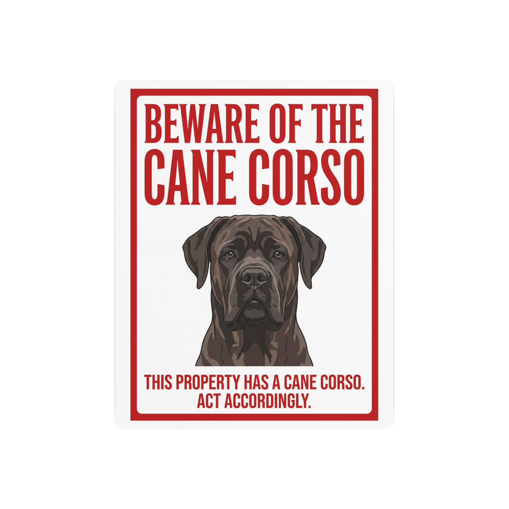 Beware of Cane Corso Metal Sign – Red Border Portrait Aluminum Wall Sign – side view