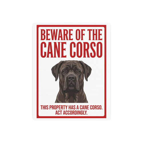 Beware of Cane Corso Metal Sign – Red Border Portrait Aluminum Wall Sign – side view