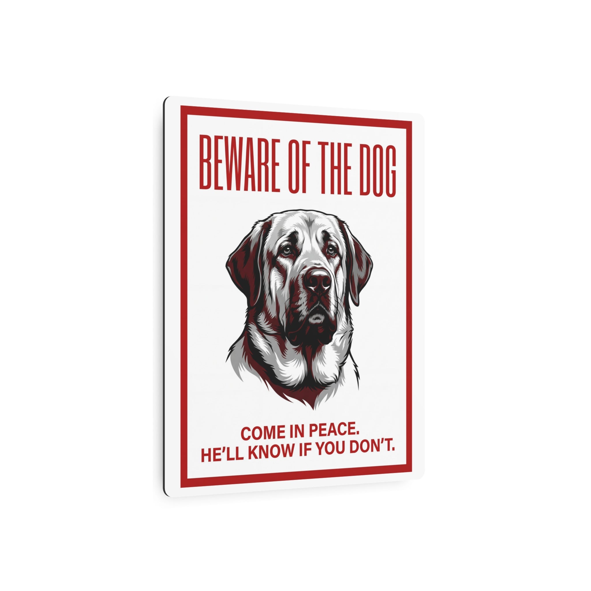 Beware of Mastiff Metal Sign – Red Portrait Aluminum Wall Sign – lifestyle view