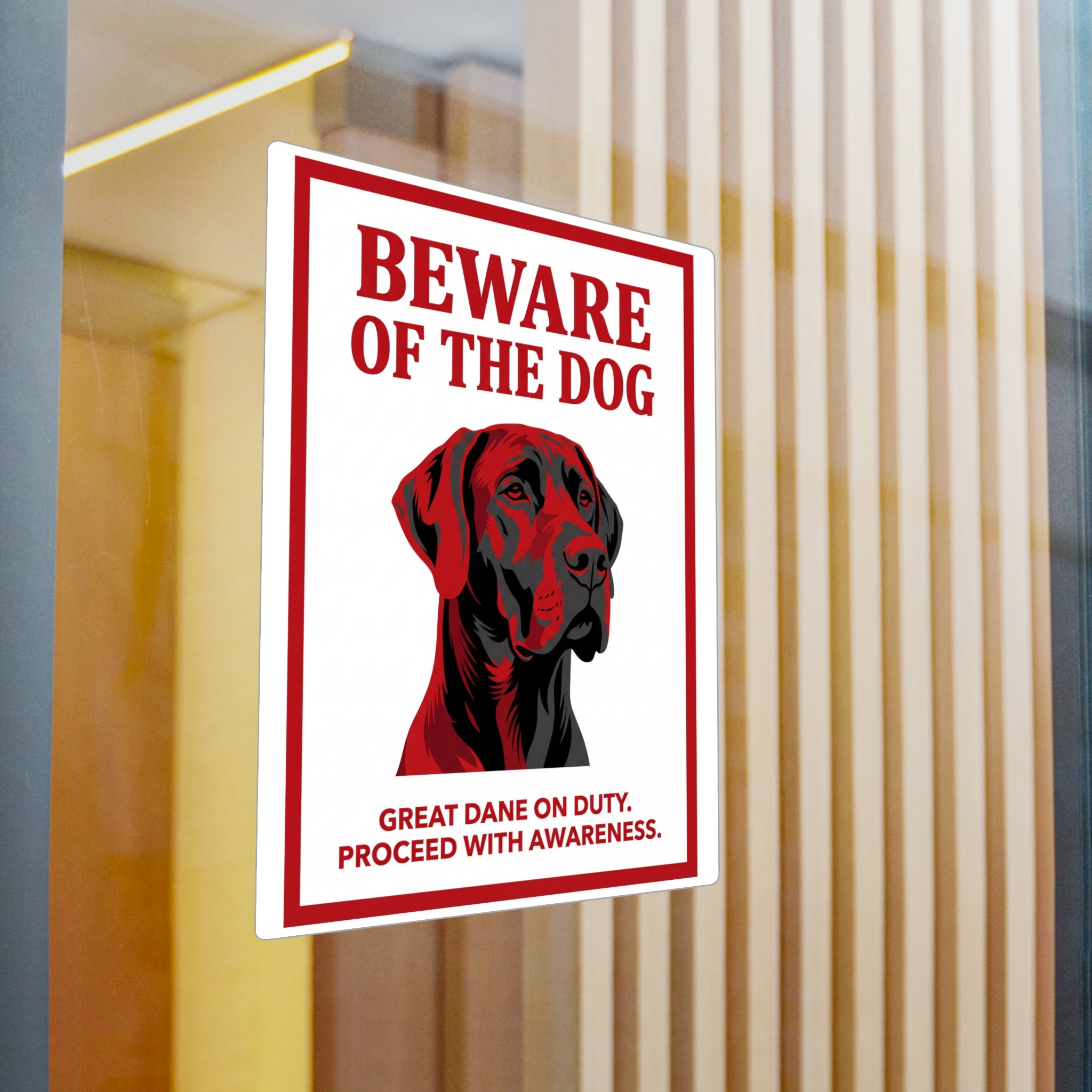 Beware of Great Dane Sign – Red Black Portrait Outdoor Vinyl Decal – detail view