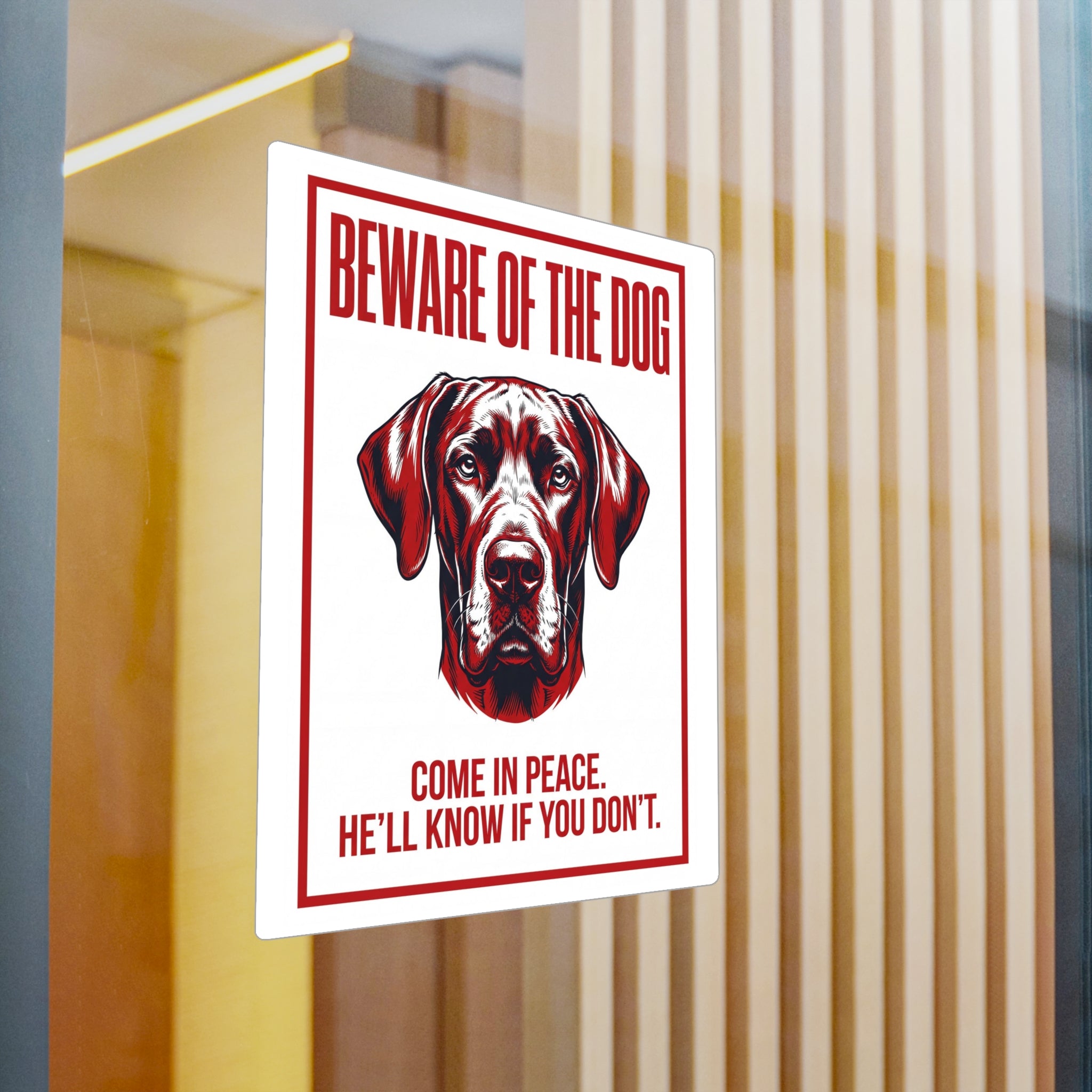 Beware of Great Dane Sign – Red & Black Portrait Outdoor Vinyl Decal – detail view
