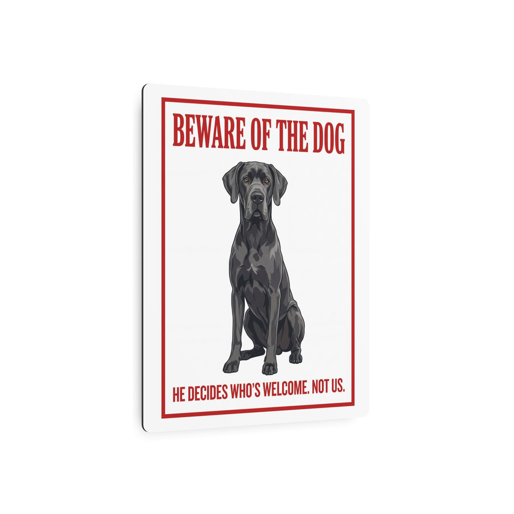 Beware of Great Dane Metal Sign – Blue Seated Full Body Aluminum Wall Sign – lifestyle view