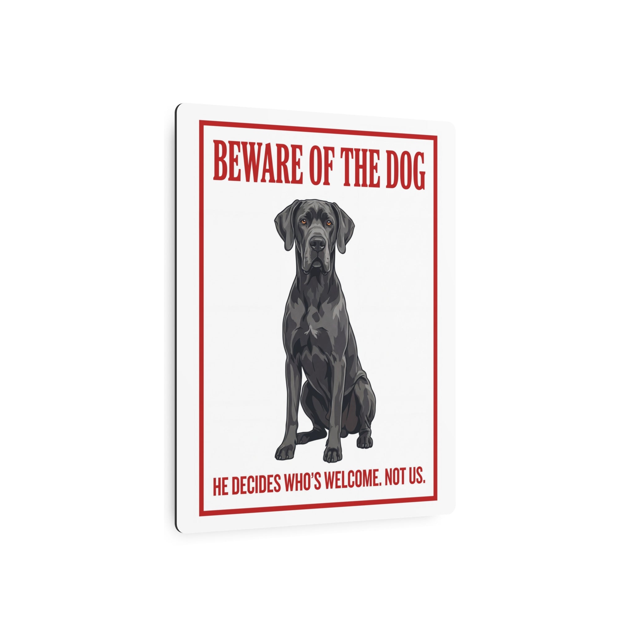 Beware of Great Dane Metal Sign – Blue Seated Full Body Aluminum Wall Sign – lifestyle view