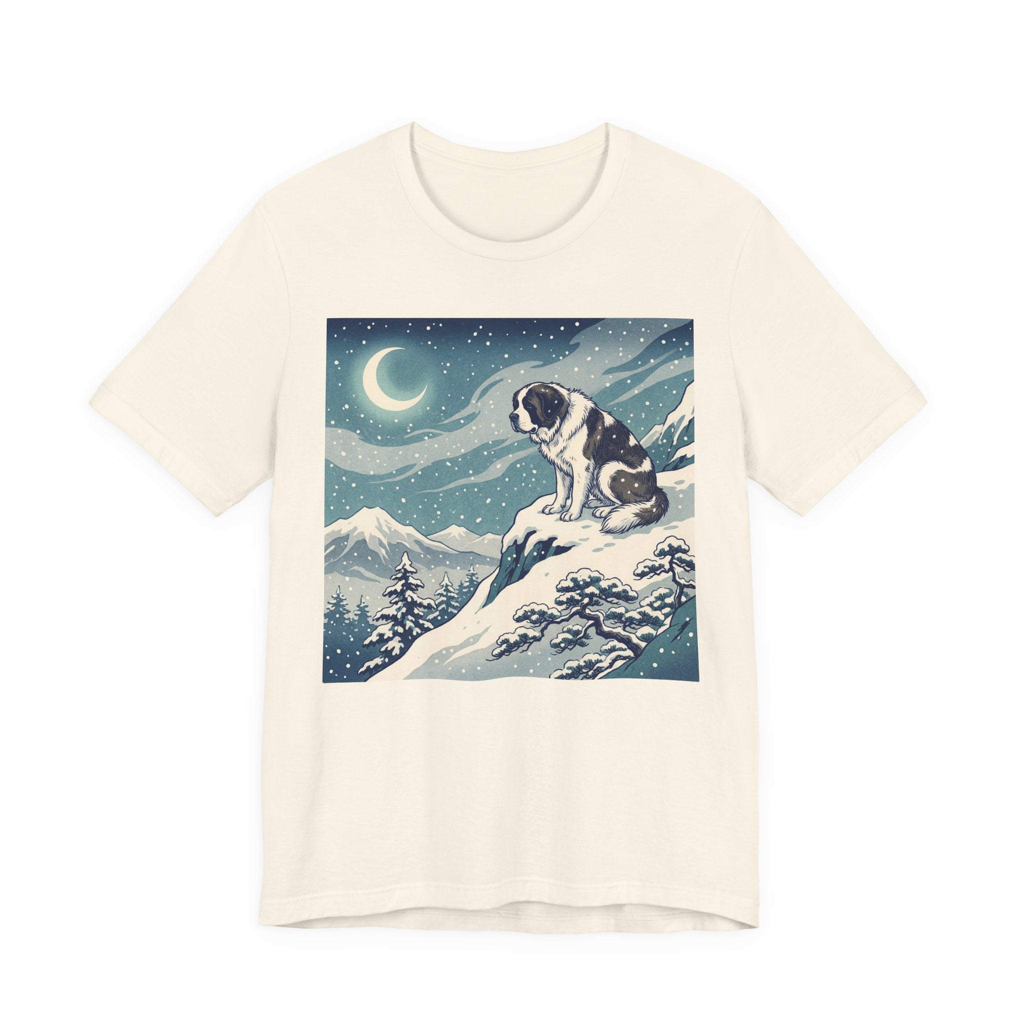 Hiroshige Style Saint Bernard T-Shirt — Snowy Moonlit Summit Art Print