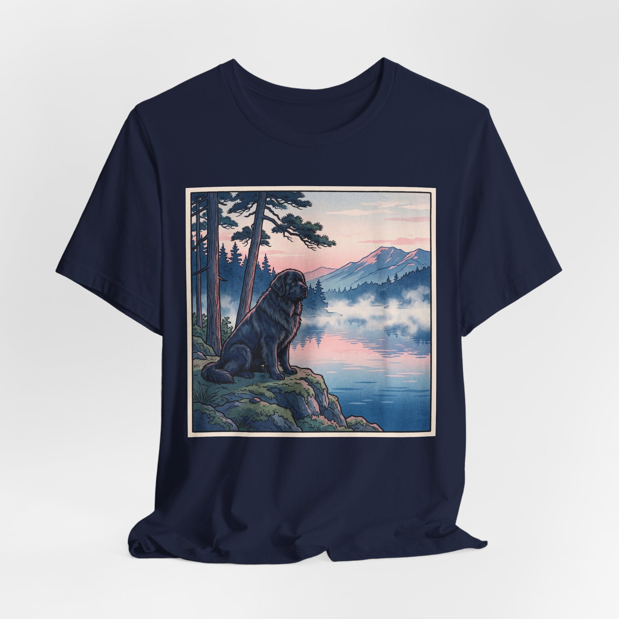 Hiroshige Style Newfoundland T-Shirt — Misty Lake Dawn Art Print