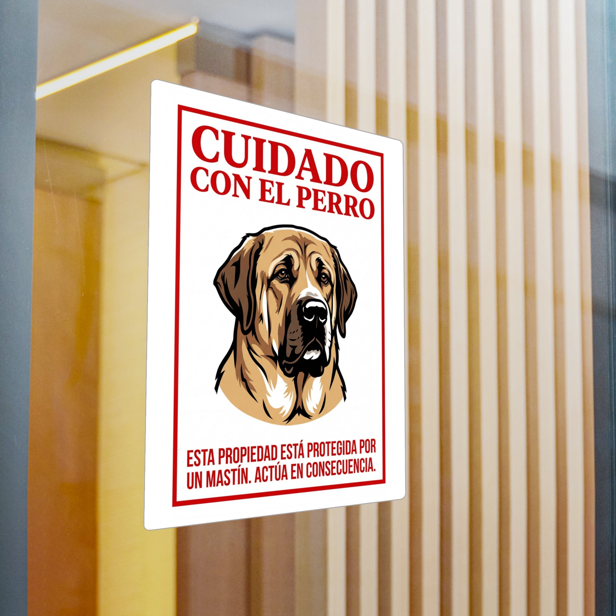 Beware of Spanish Mastiff Sign – Bold Red Warning Outdoor Vinyl Decal – detail view