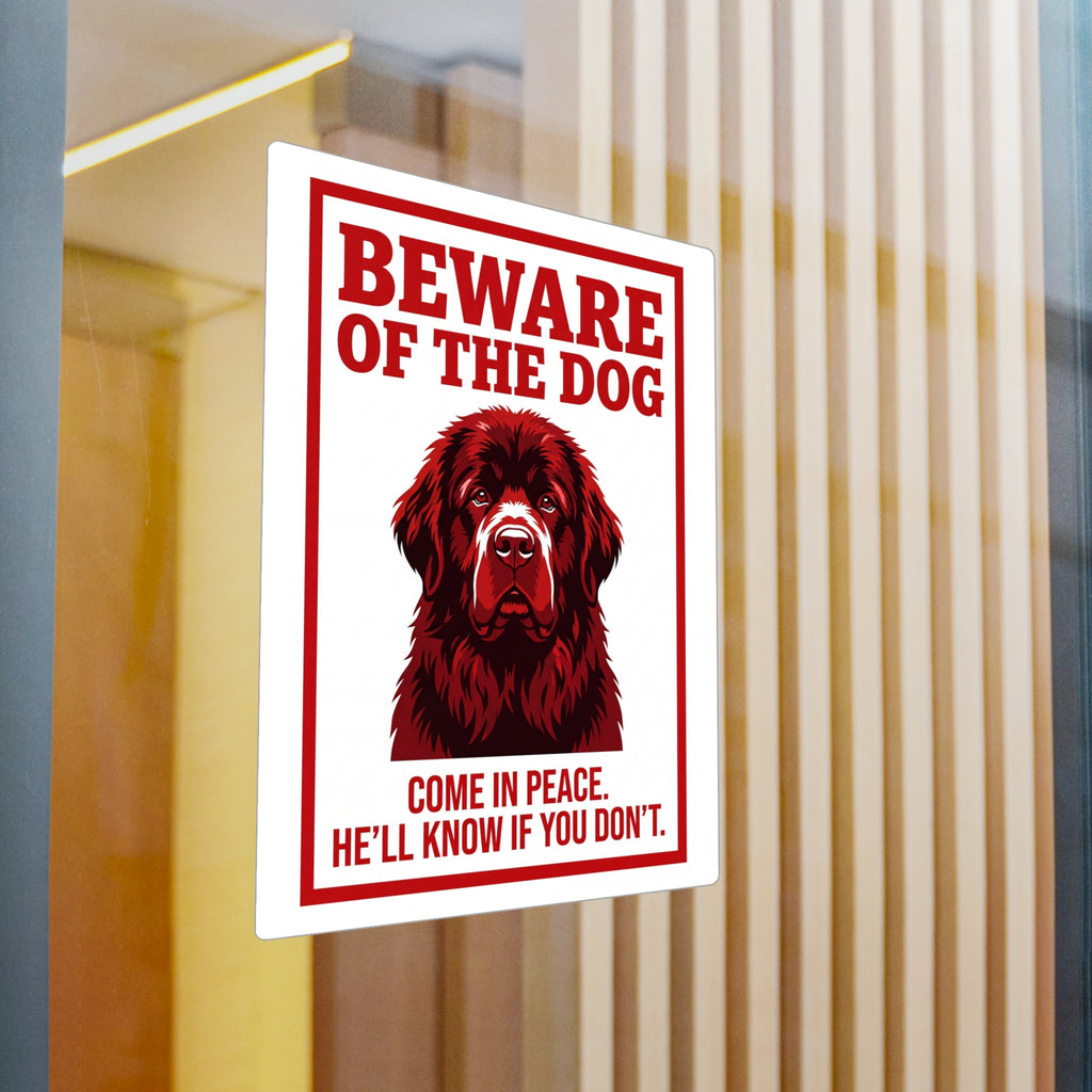 Beware of Newfoundland Sign – Red & Dark Portrait Outdoor Vinyl Decal – detail view