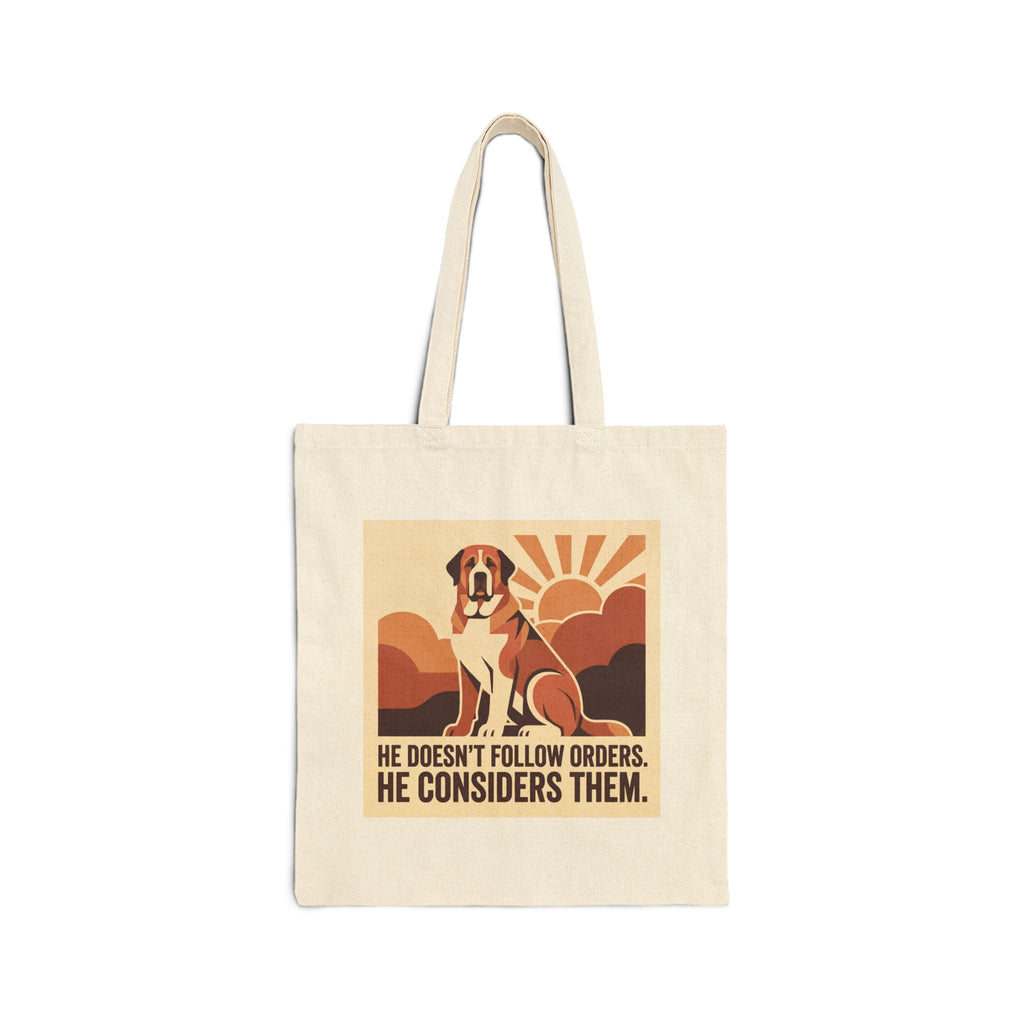 Saint Bernard Tote Bag – He Doesn't Follow Orders Vintage Print – side view