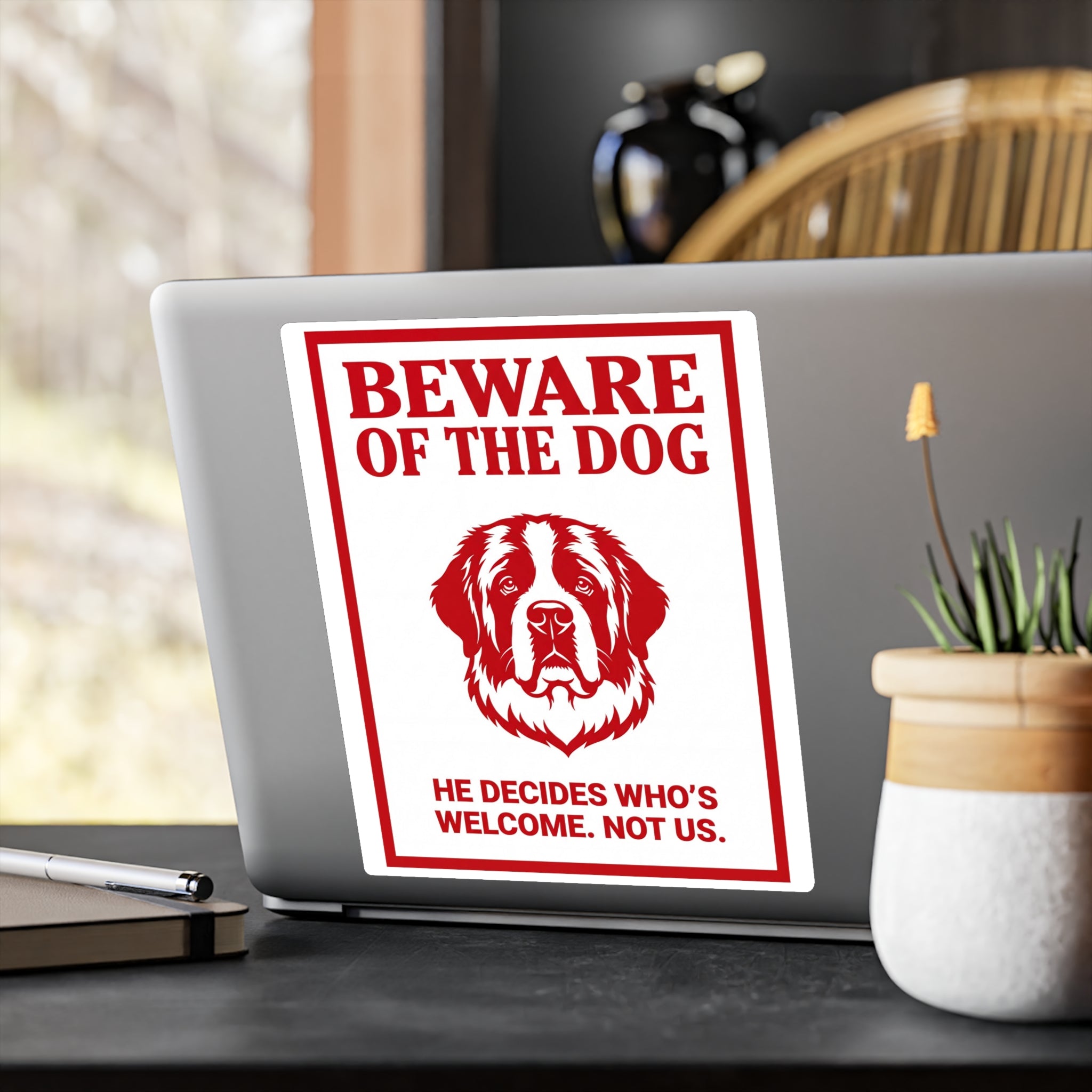 Beware of Saint Bernard Sign – Bold Red Portrait Outdoor Vinyl Decal – alternate view