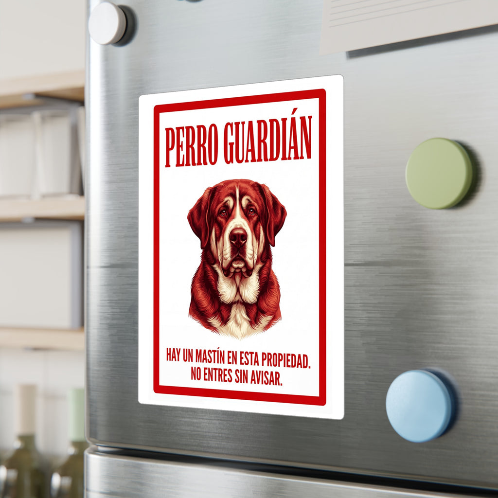 Beware of Spanish Mastiff Sign – Red Portrait Warning Outdoor Vinyl Decal – lifestyle view