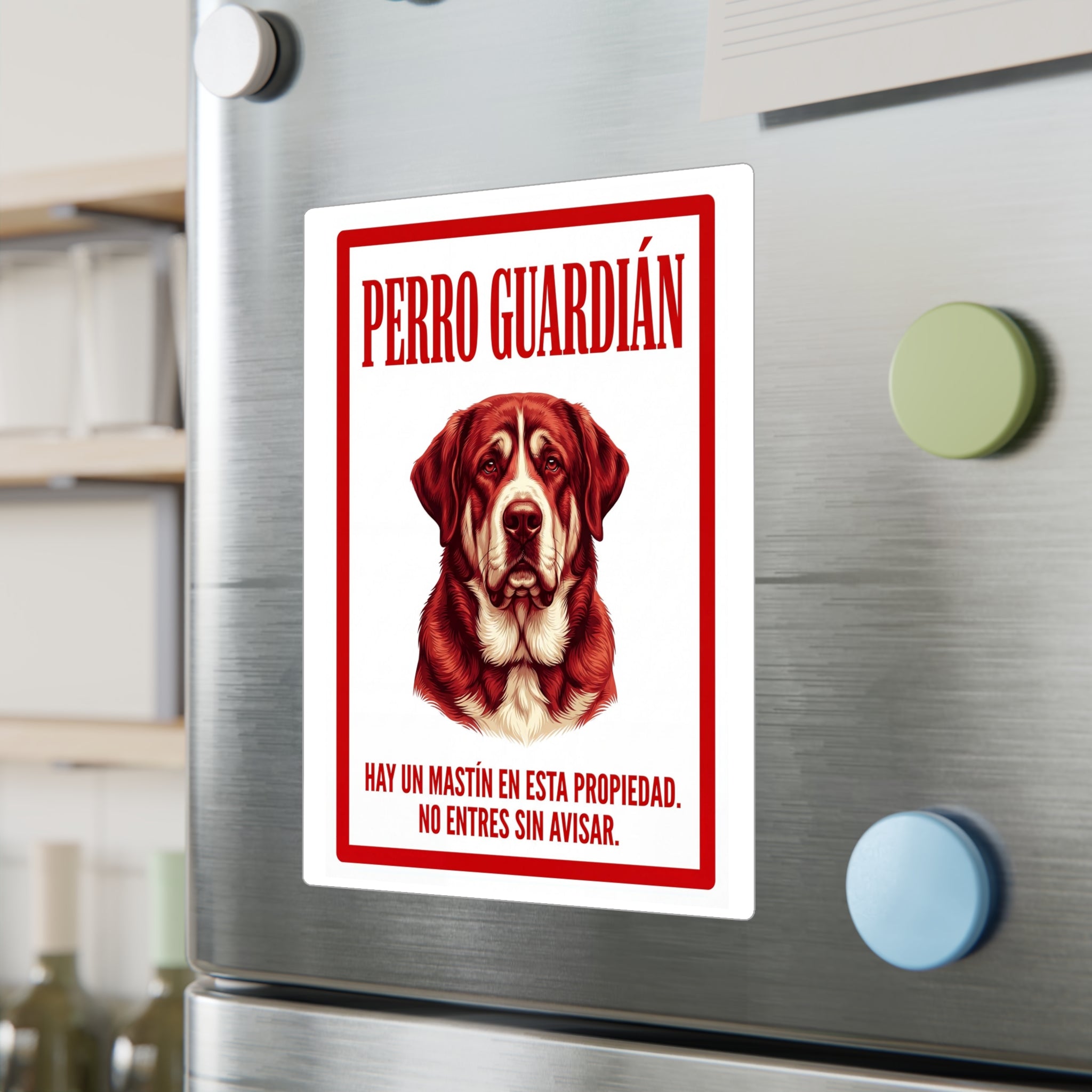 Beware of Spanish Mastiff Sign – Red Portrait Warning Outdoor Vinyl Decal – lifestyle view