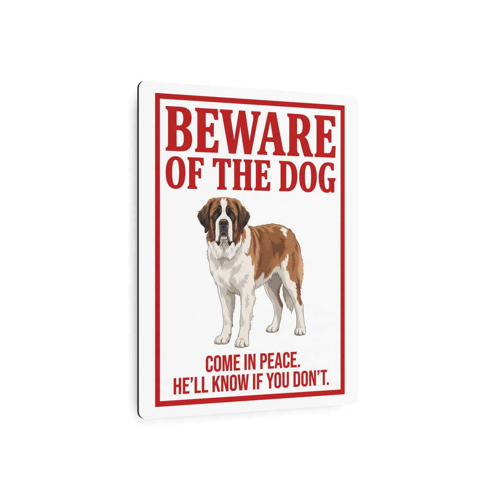 Beware of Saint Bernard Metal Sign – Full Body Red Border Aluminum Wall Sign – lifestyle view