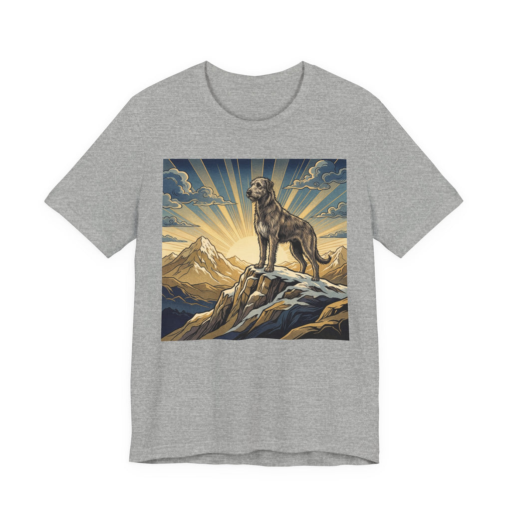Woodcut Irish Wolfhound T-Shirt — Mountain Sunrise Rays Art Print
