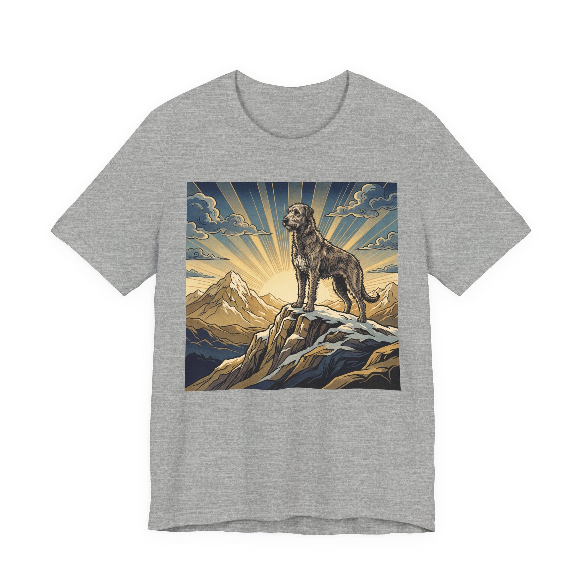 Woodcut Irish Wolfhound T-Shirt — Mountain Sunrise Rays Art Print