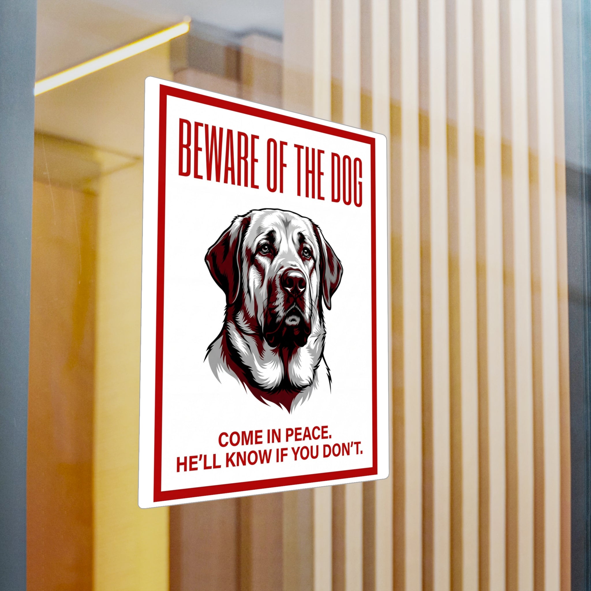 Beware of Mastiff Sign – Red Black Portrait Outdoor Vinyl Decal – detail view