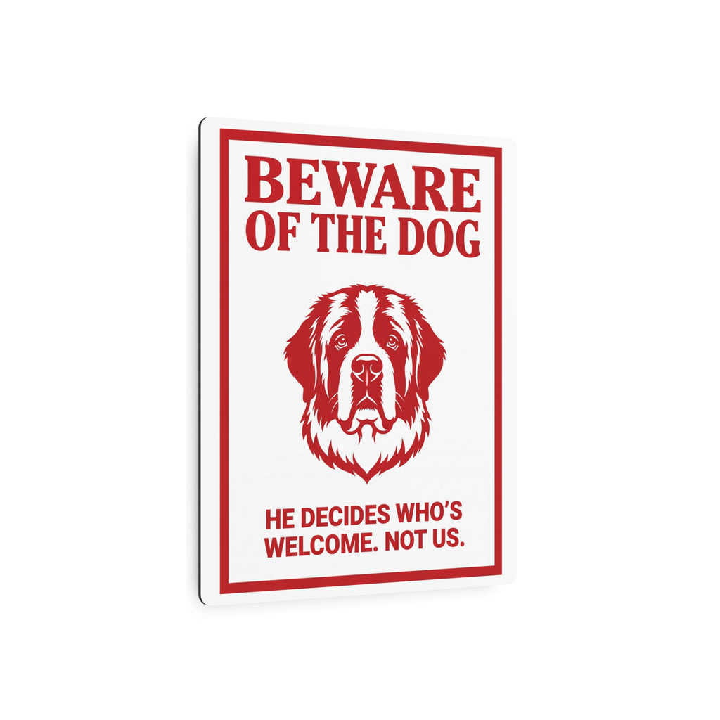 Beware of Saint Bernard Metal Sign – Red Portrait Aluminum Wall Sign – lifestyle view