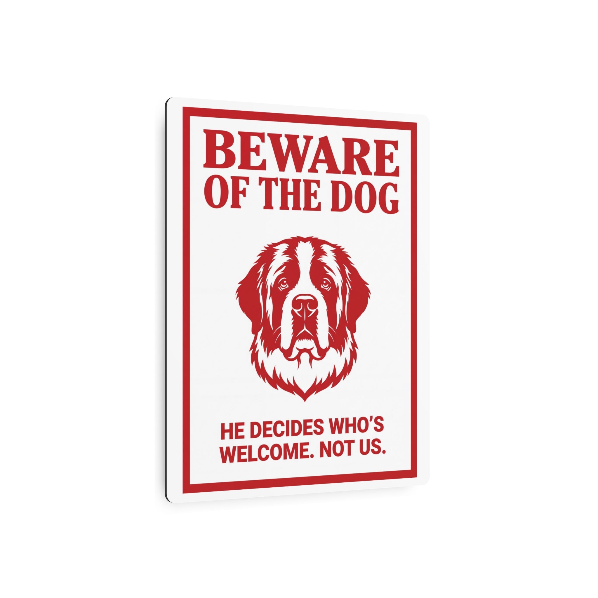 Beware of Saint Bernard Metal Sign – Red Portrait Aluminum Wall Sign – lifestyle view