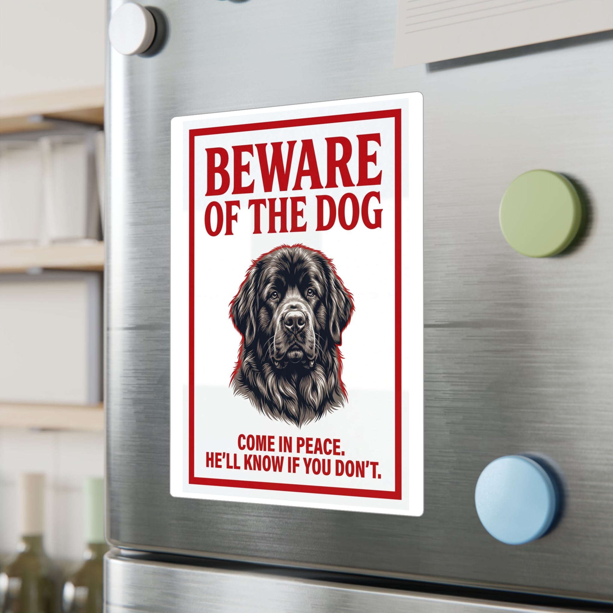 Beware of Newfoundland Sign – Bold Red Portrait Outdoor Vinyl Decal – lifestyle view