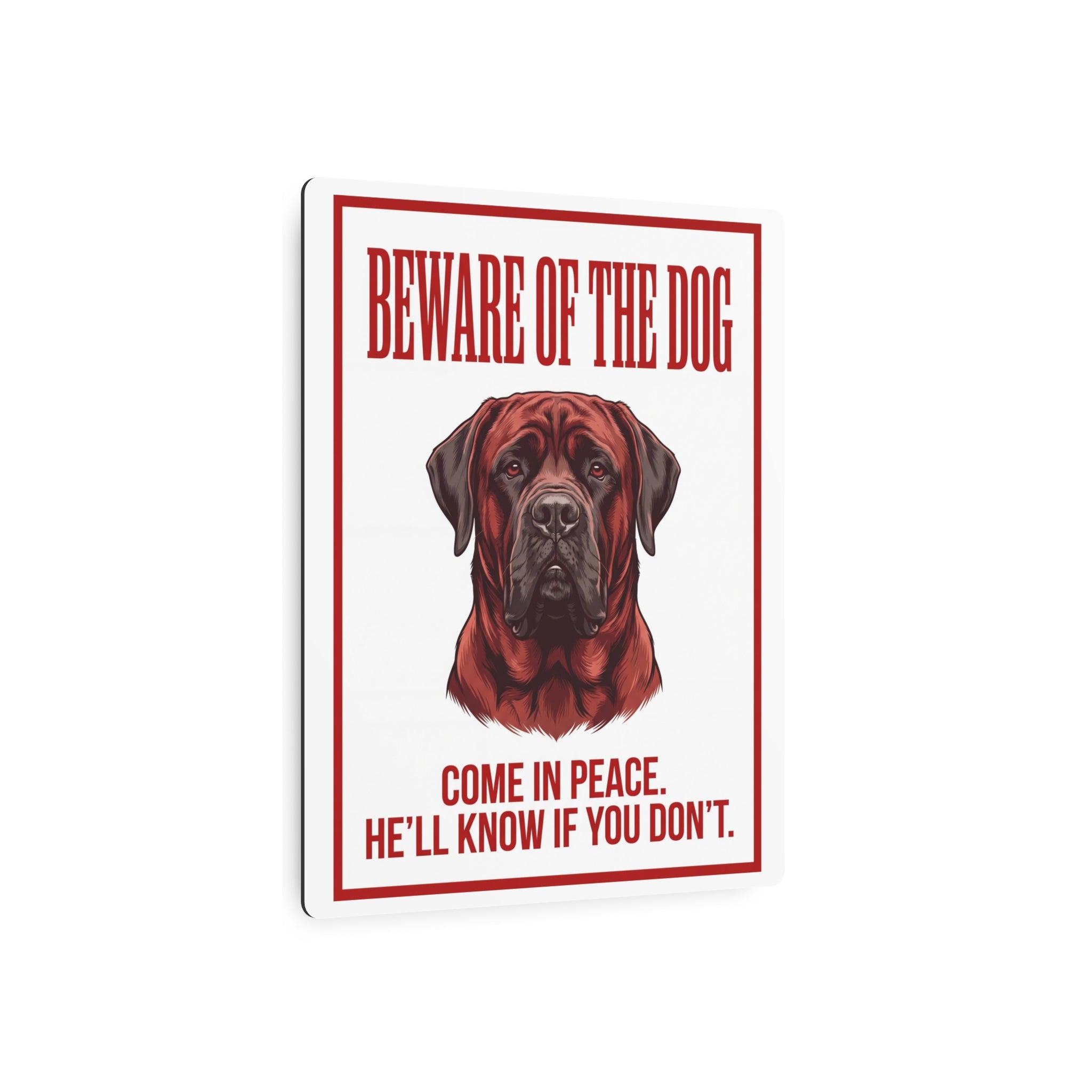 Beware of Mastiff Metal Sign – Red Portrait Aluminum Wall Sign – lifestyle view