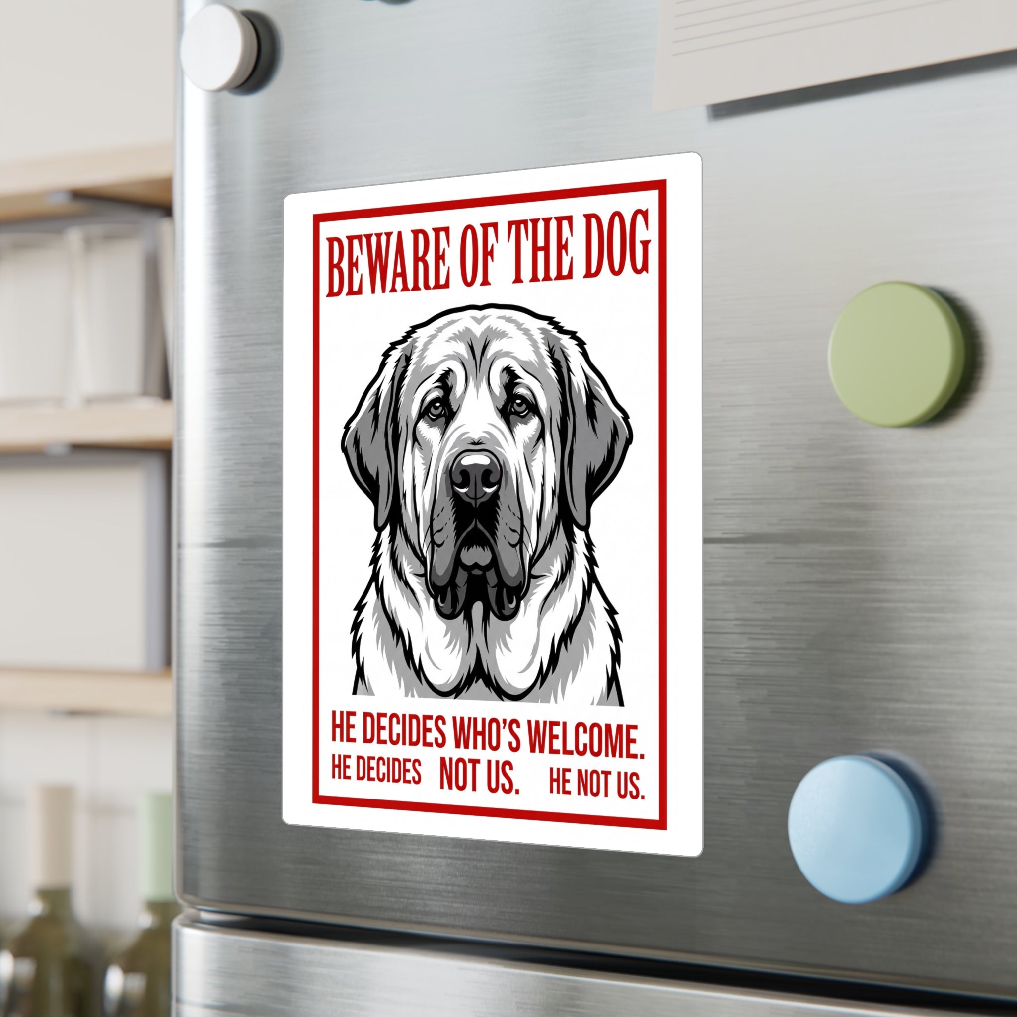 Beware of Spanish Mastiff Sign – Bold Red Warning Outdoor Vinyl Decal – lifestyle view